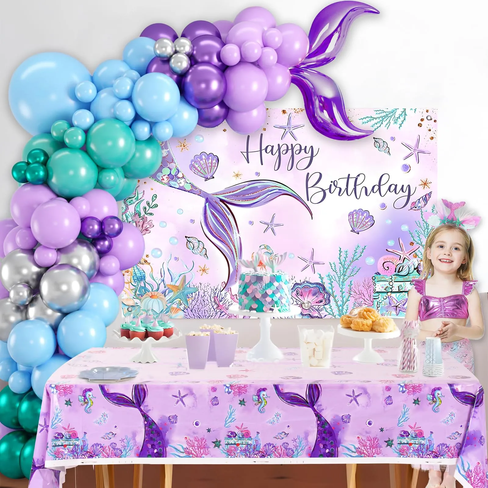 fairymaiden Kit Arco Palloncini Sirena con Tovaglia e Fondale, Addobbi per Compleanno Bambina e Baby Shower - immagine 5