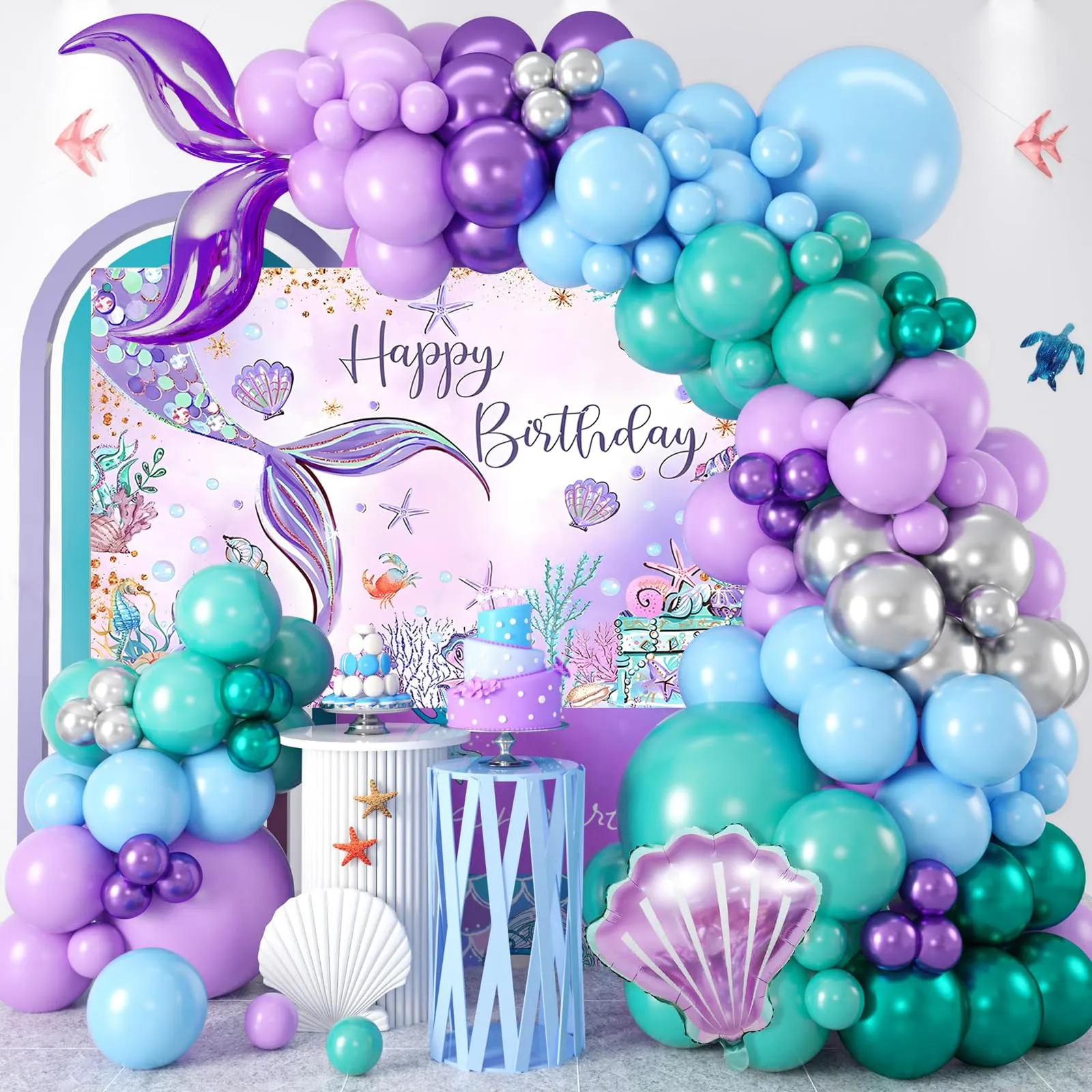 fairymaiden Kit Arco Palloncini Sirena con Tovaglia e Fondale, Addobbi per Compleanno Bambina e Baby Shower - immagine 6