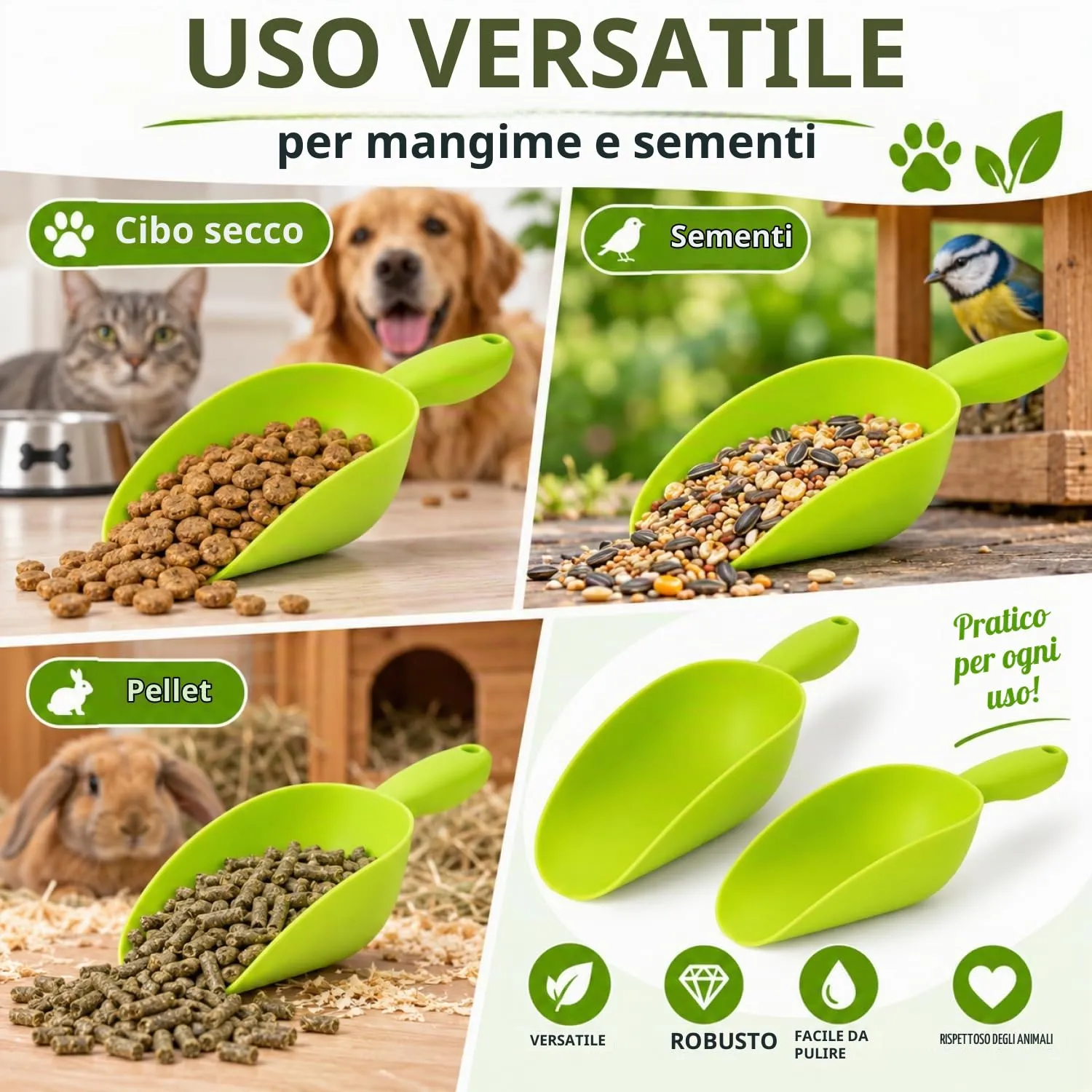 com-four Paletta per alimenti per animali, 28,5 cm e 32,5 cm, 2 pezzi, Verde - immagine 2