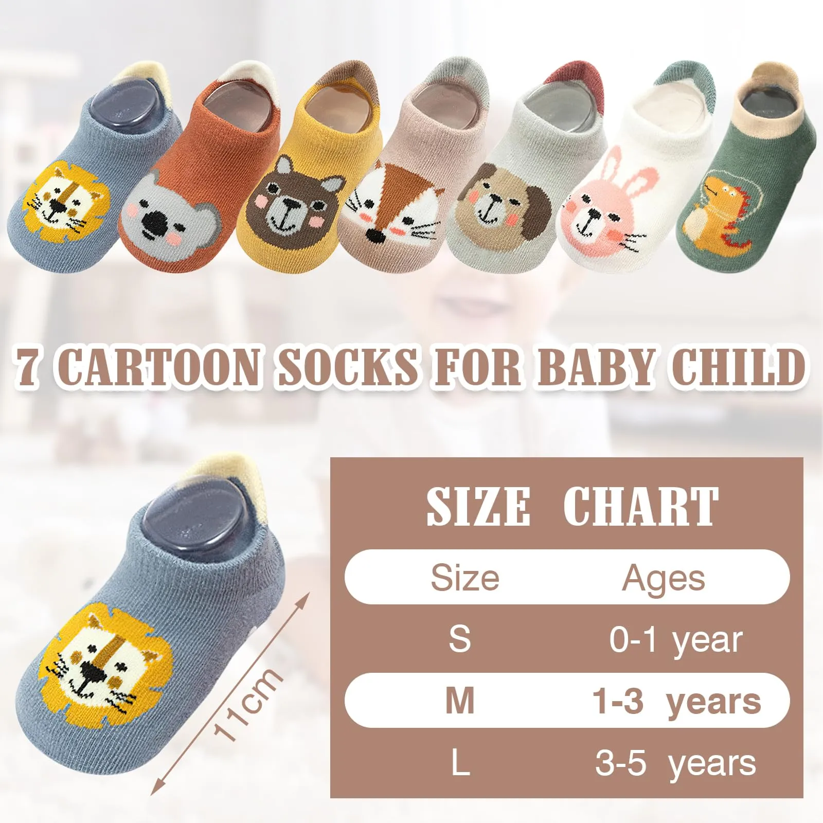 VEGCOO Calzini Antiscivolo in Cotone con Stampa Animali per Neonati e Bambini, 7 Paia, 1-3 Anni, Multicolore - immagine 4