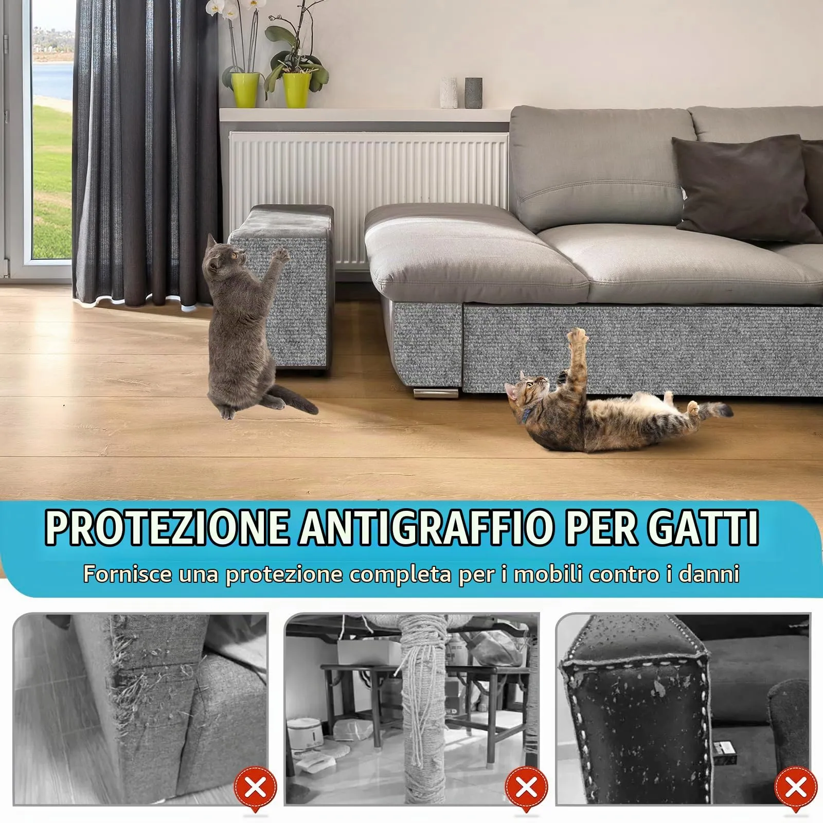 LSGCQ Tappeto Tiragraffi Autoadesivo per Gatti Protezione Divano, Grigio Chiaro, 40×400cm - immagine 6