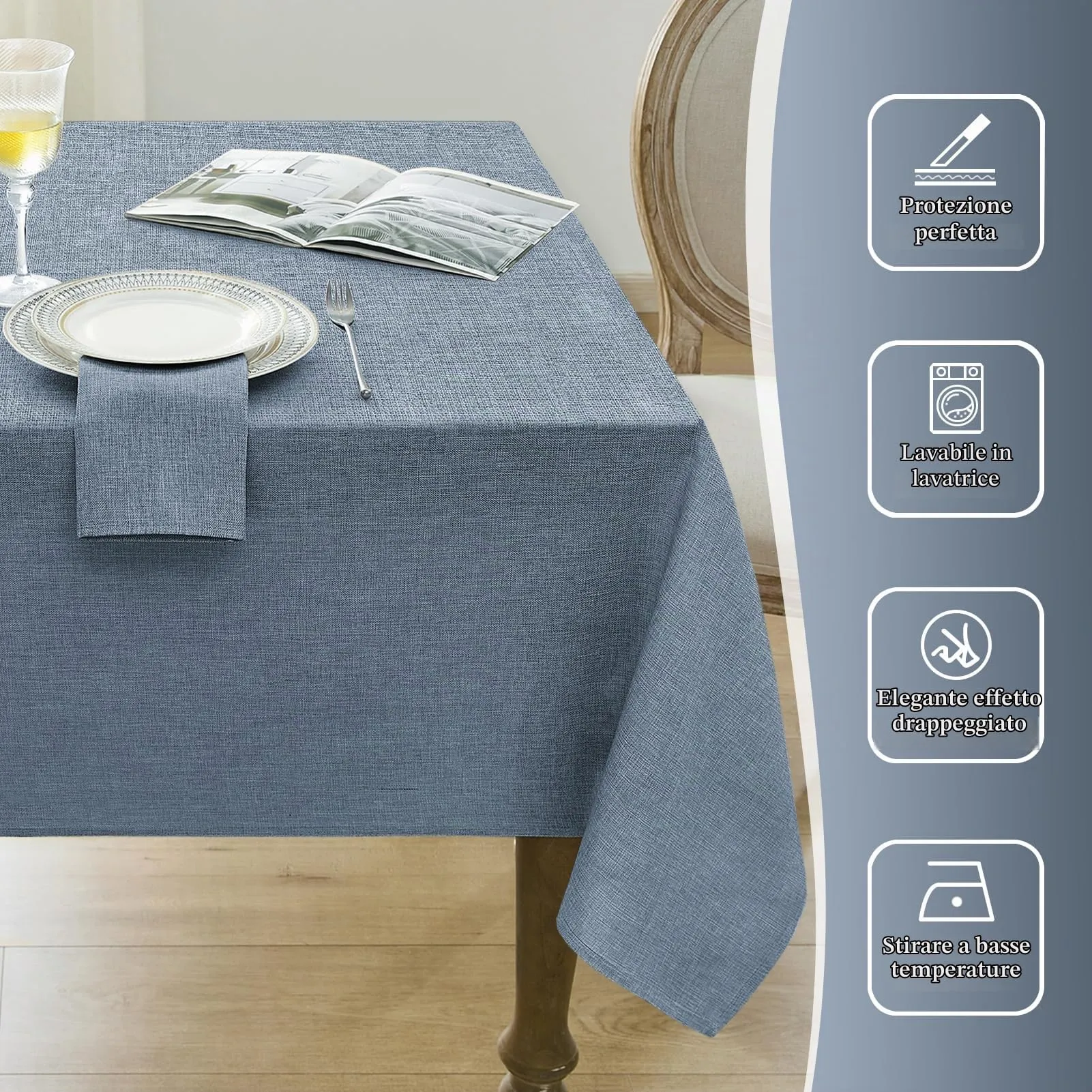 Softalker Tovaglia rettangolare in finto lino impermeabile e antimacchia, 152 x 264 cm, Blu Denim - immagine 4