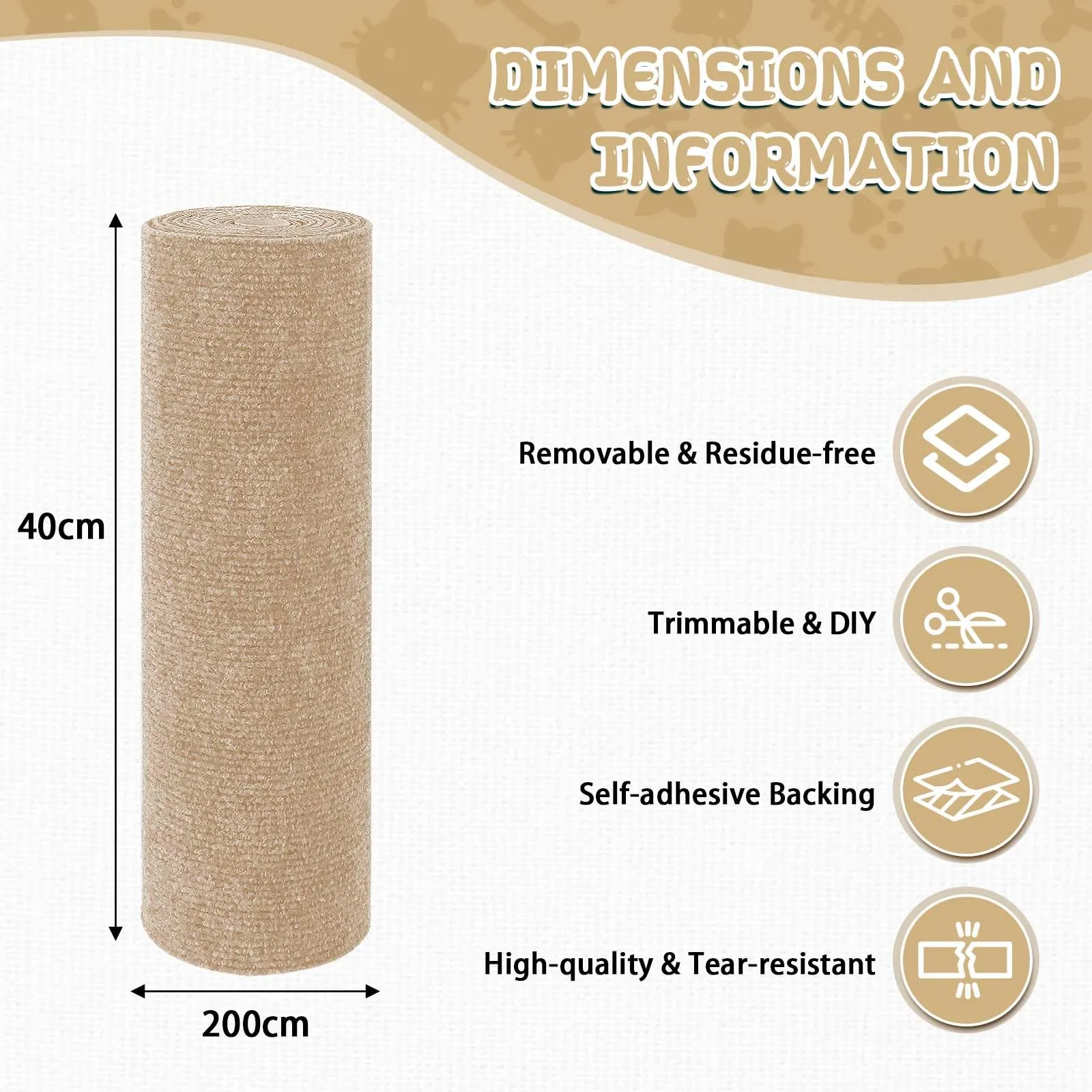 LSGCQ Tappeto Tiragraffi Adesivo per Gatti Protezione Divano, Cachi, 40×200cm - immagine 5