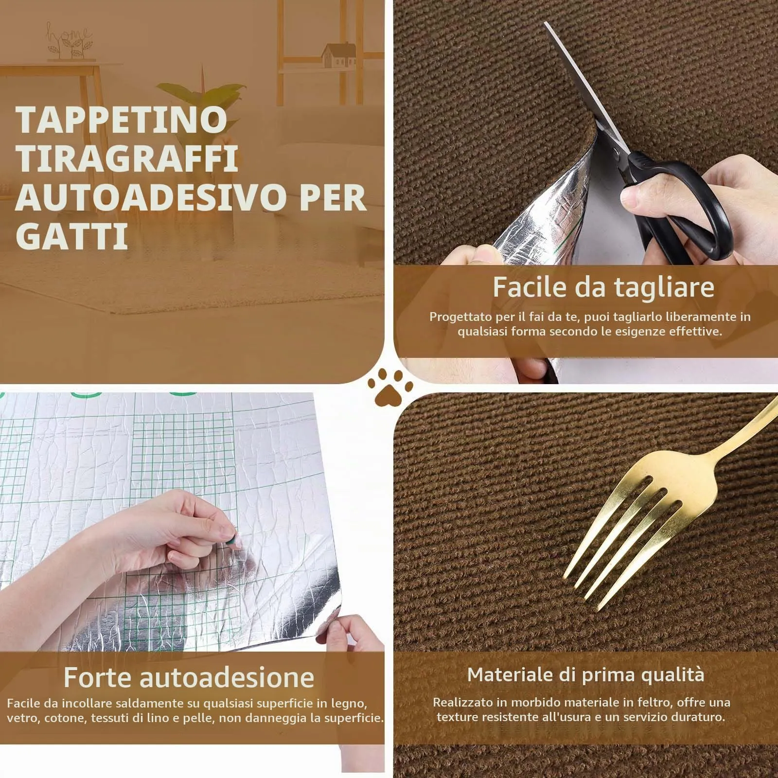 LSGCQ Tappeto Tiragraffi Adesivo Protezione Divano per Gatti, Feltro, Marrone, 40×400cm - immagine 3
