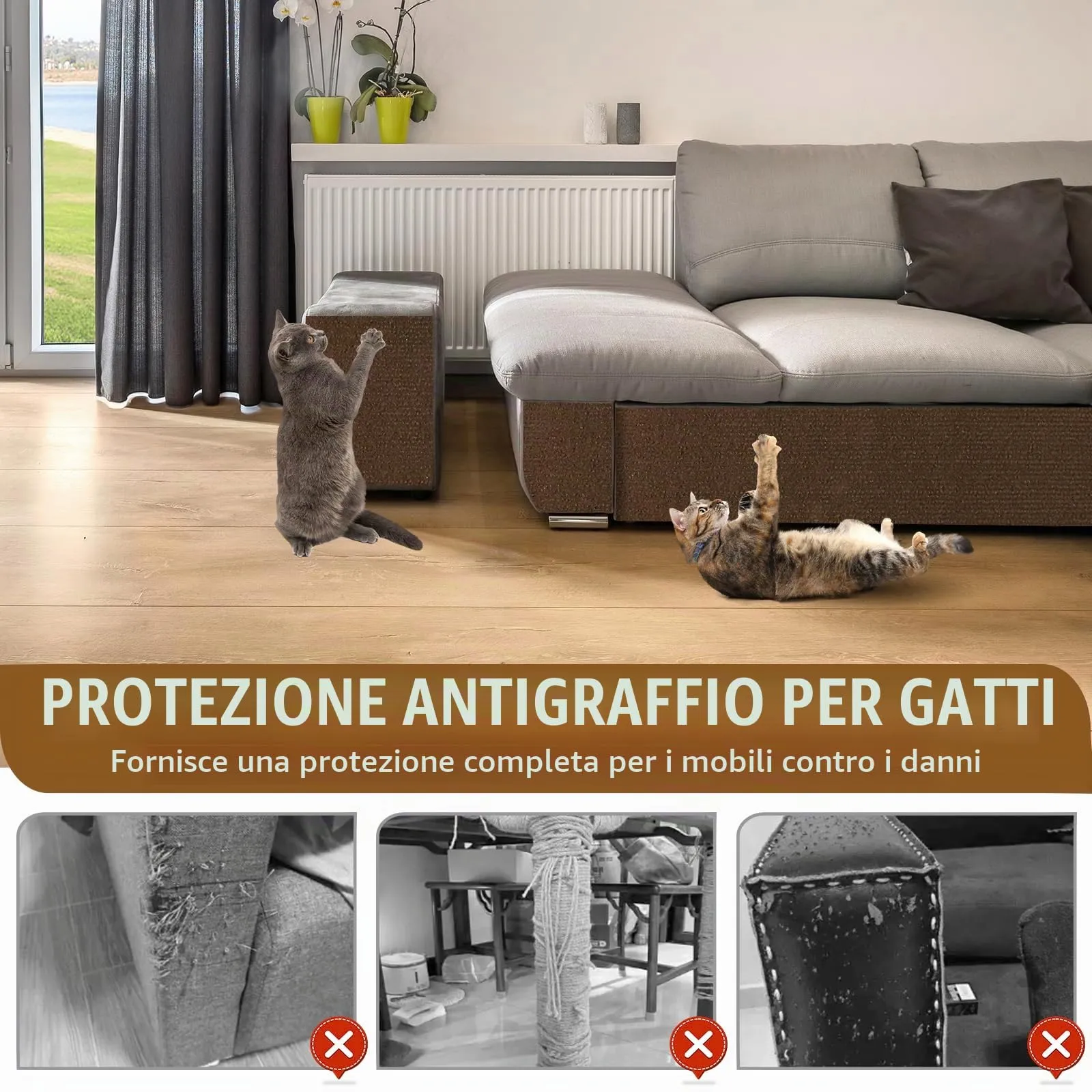 LSGCQ Tappeto Tiragraffi Adesivo Protezione Divano per Gatti, Feltro, Marrone, 40×400cm - immagine 6