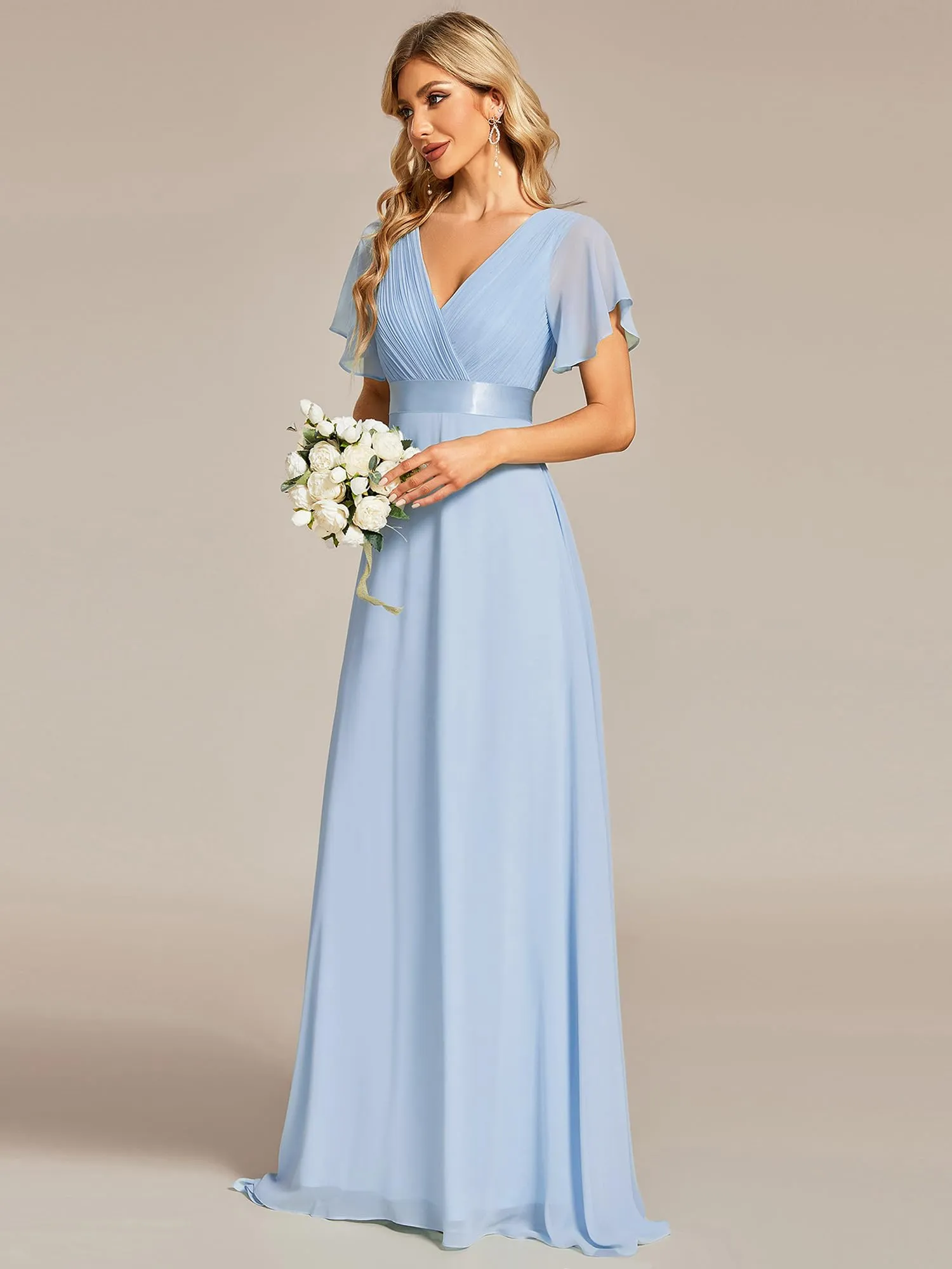 Ever-Pretty Vestito da Cerimonia Donna Scollo a V Linea ad A con Spacco, Ghiaccio Blu, 34 - immagine 3