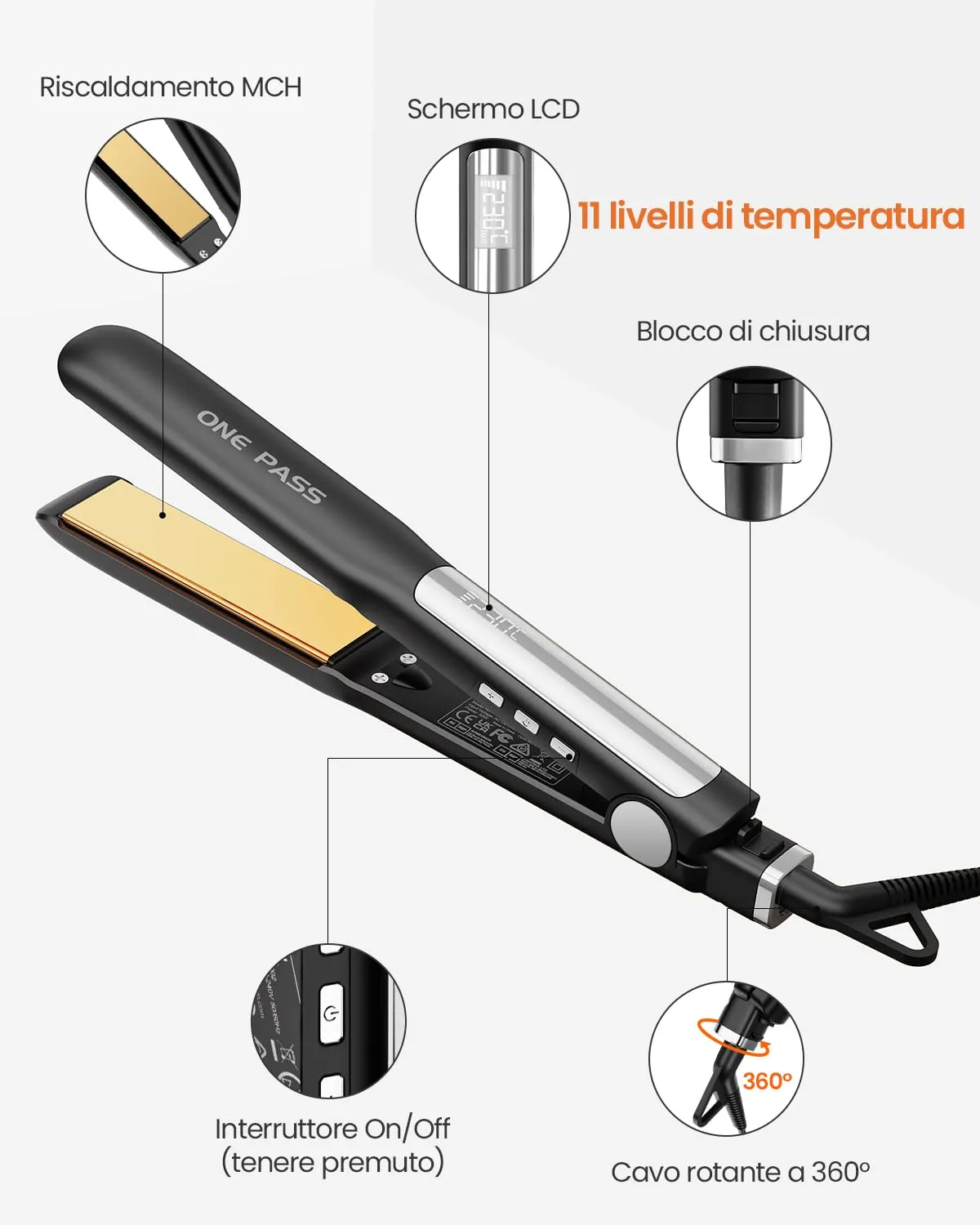 Faszin Piastra per Capelli Professionale in Titanio 30mm 2 in 1, Nero - immagine 7