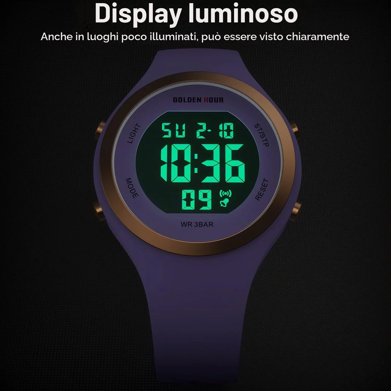 Golden Hour Orologio Digitale Donna Subacqueo 50M GH-1317 Sportivo con Cronometro e Sveglia, Cinturino in Silicone - immagine 9