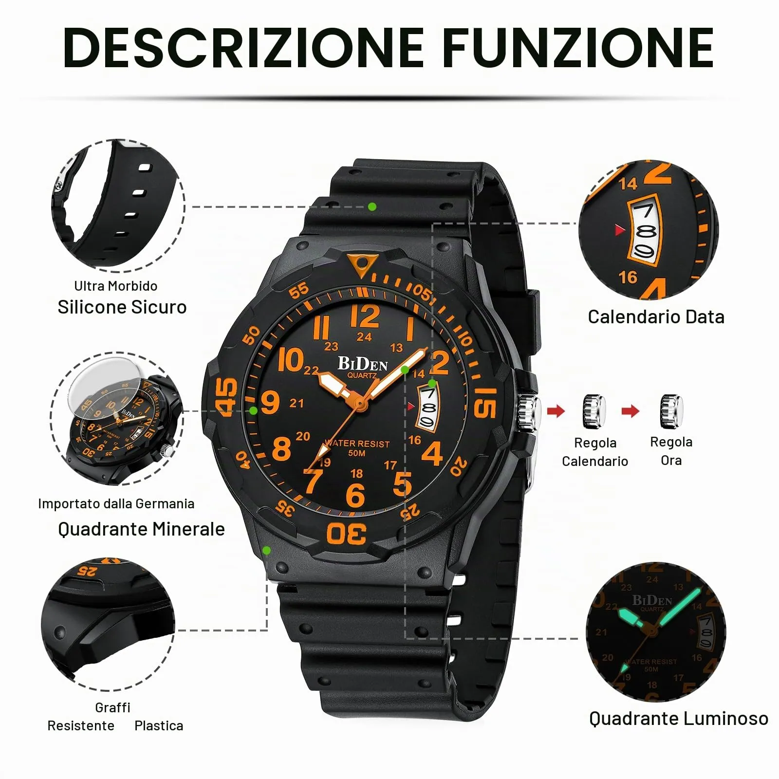 HANPOSH Orologio Uomo Analogico Quarzo Impermeabile con Data Luminosa R009 - immagine 7