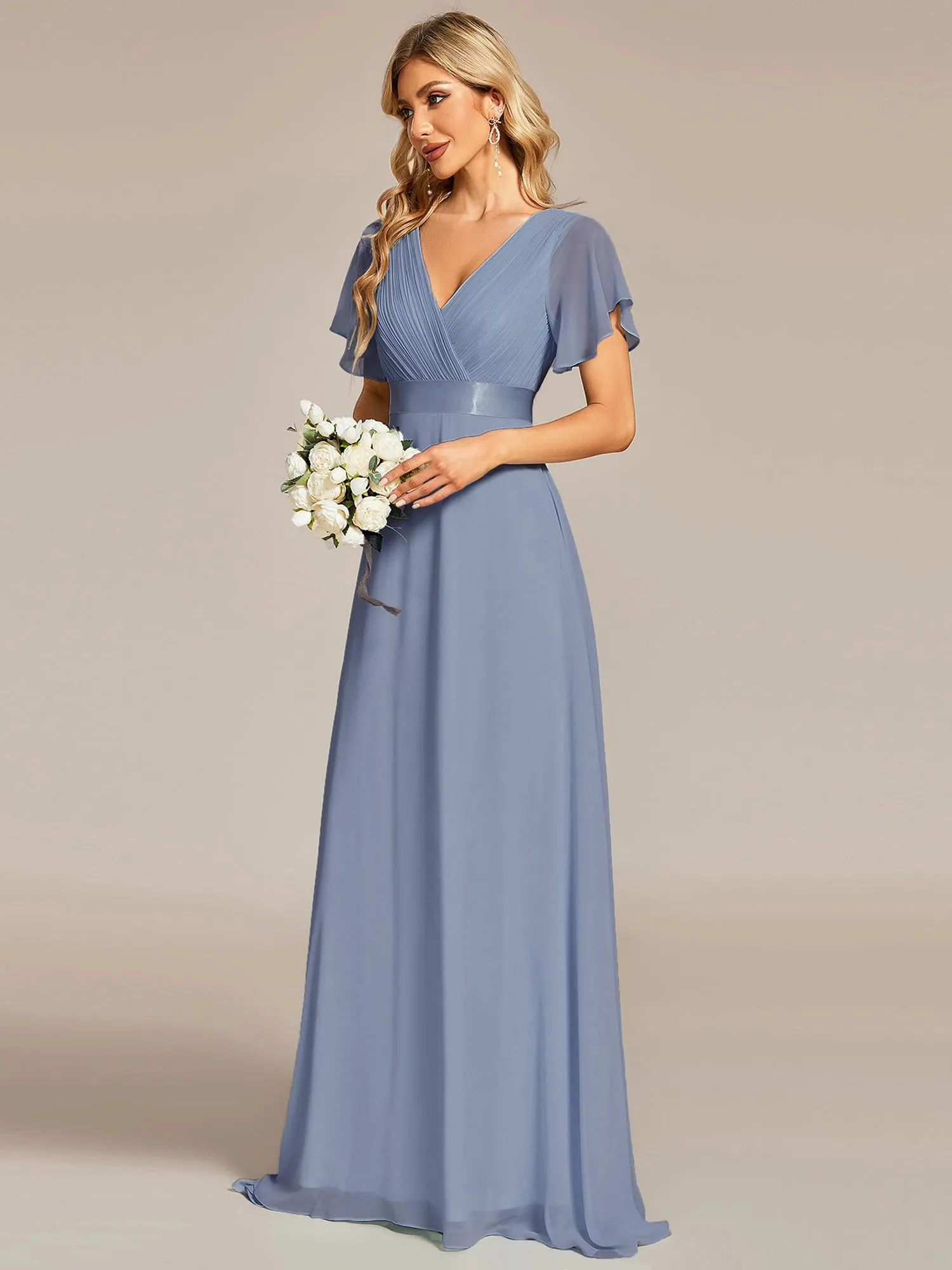 Ever-Pretty Vestito da Cerimonia Donna Scollo a V Linea ad A con Spacco Blu Ardesia 42 - immagine 6