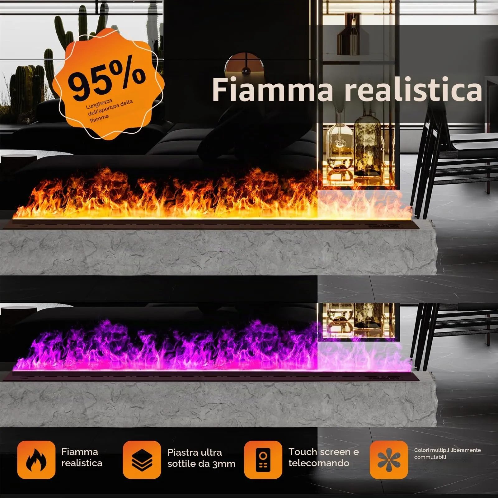Mexhom Camino Elettrico 3D a Vapore Acqueo, 9 colori fiamma, 80cm - immagine 5