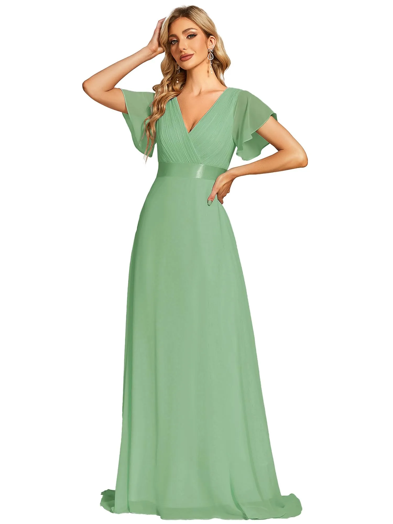 Ever-Pretty Vestito da Cerimonia Donna Scollo a V Linea ad A con Spacco Verde Salvia 56 - immagine 1