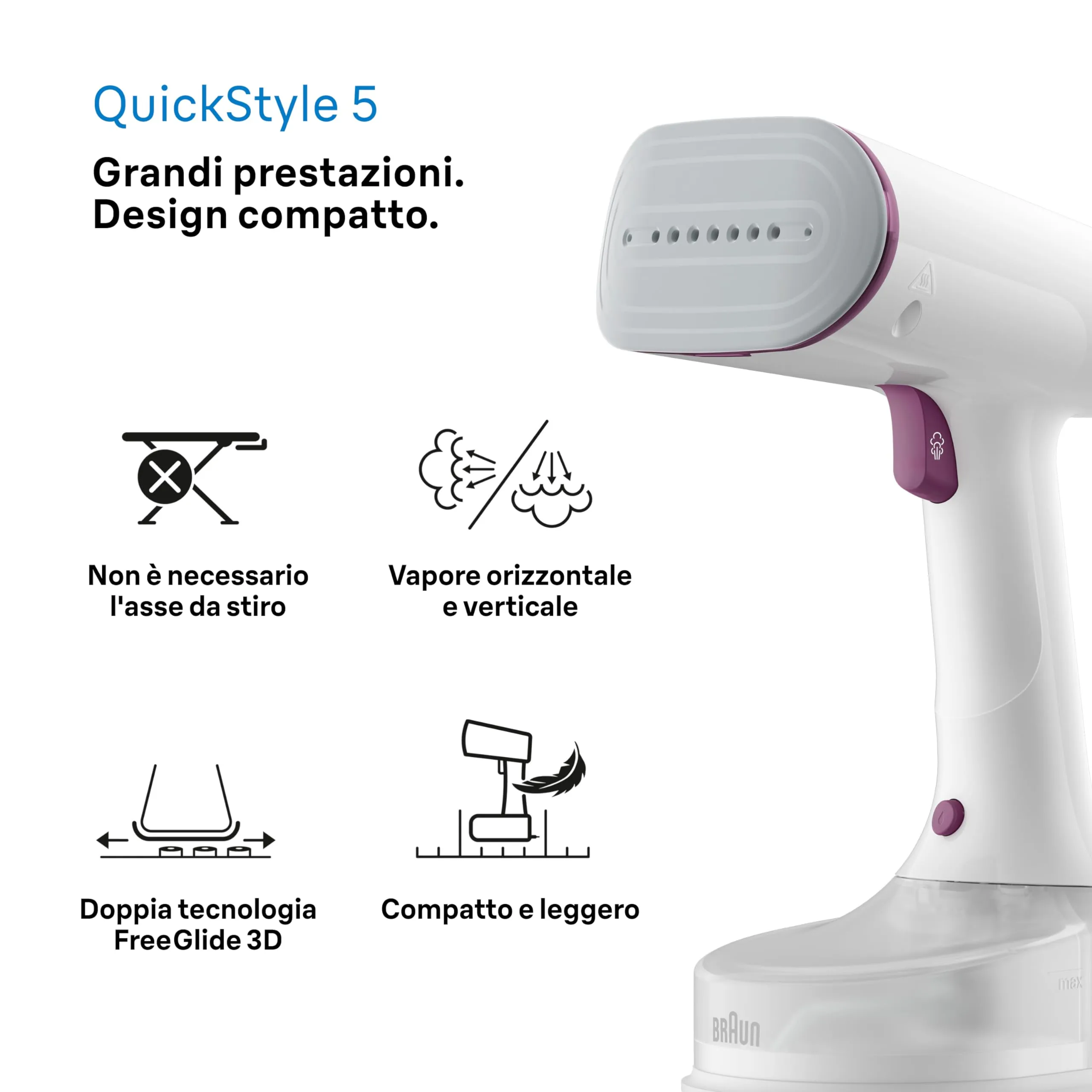 Braun QuickStyle 5 GS5011PU Stiratore Verticale Dual FreeGlide 3D, 1200W, Bianco/Viola - immagine 6