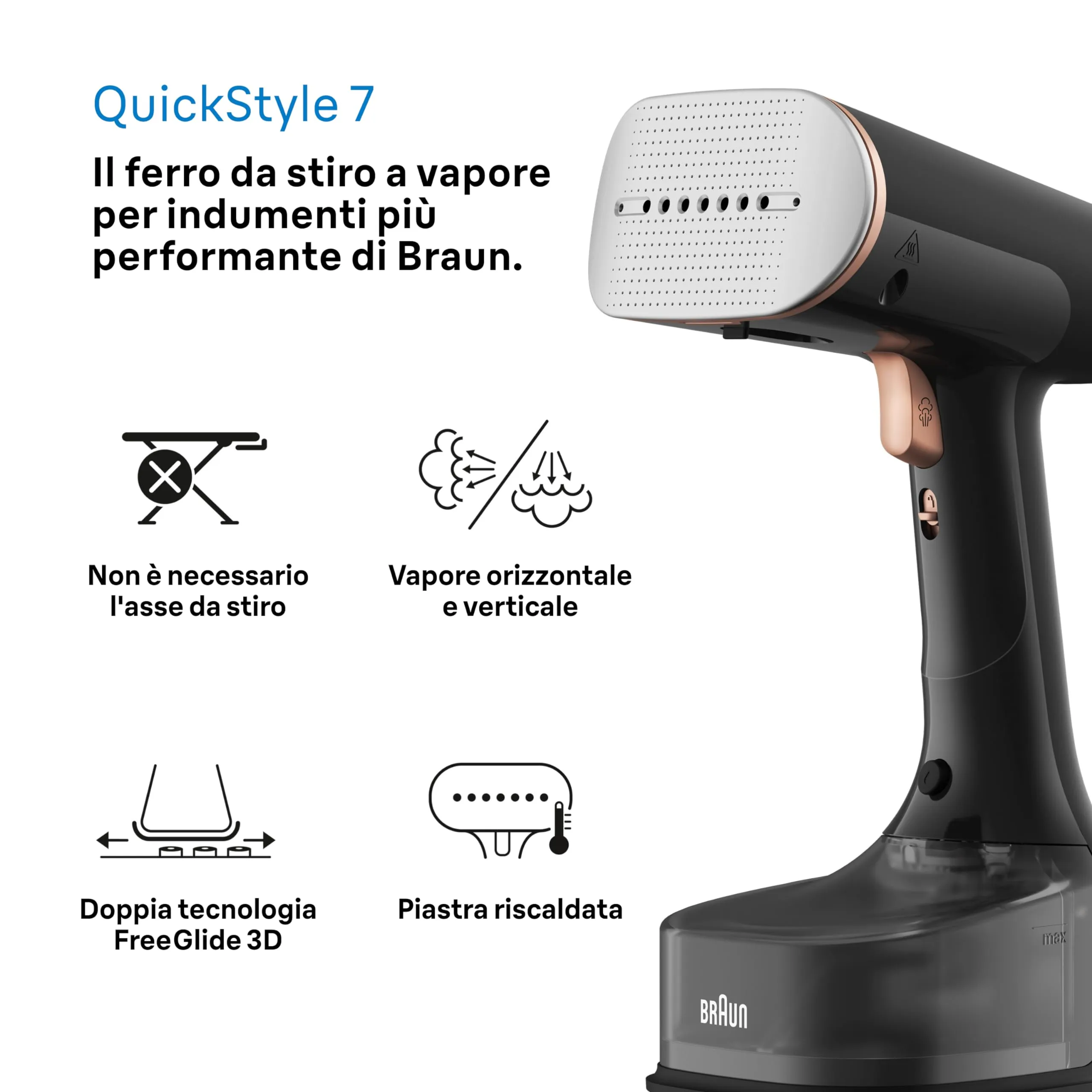 Braun QuickStyle 7 GS7077BK Stiratore Verticale, Tecnologia Dual FreeGlide 3D, 1600W, Nero - immagine 4
