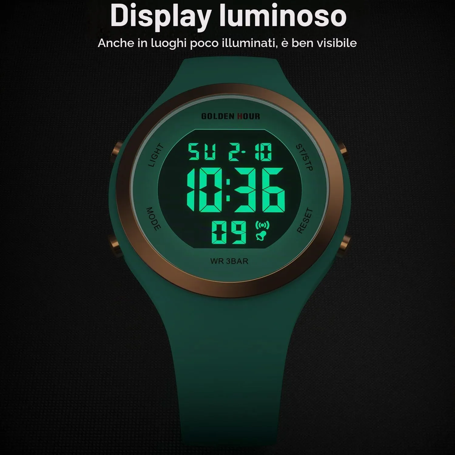 Golden Hour Orologio Digitale Donna GH-1317 Sportivo Subacqueo 50M con Cronometro e Sveglia, Cinturino in Silicone - immagine 5