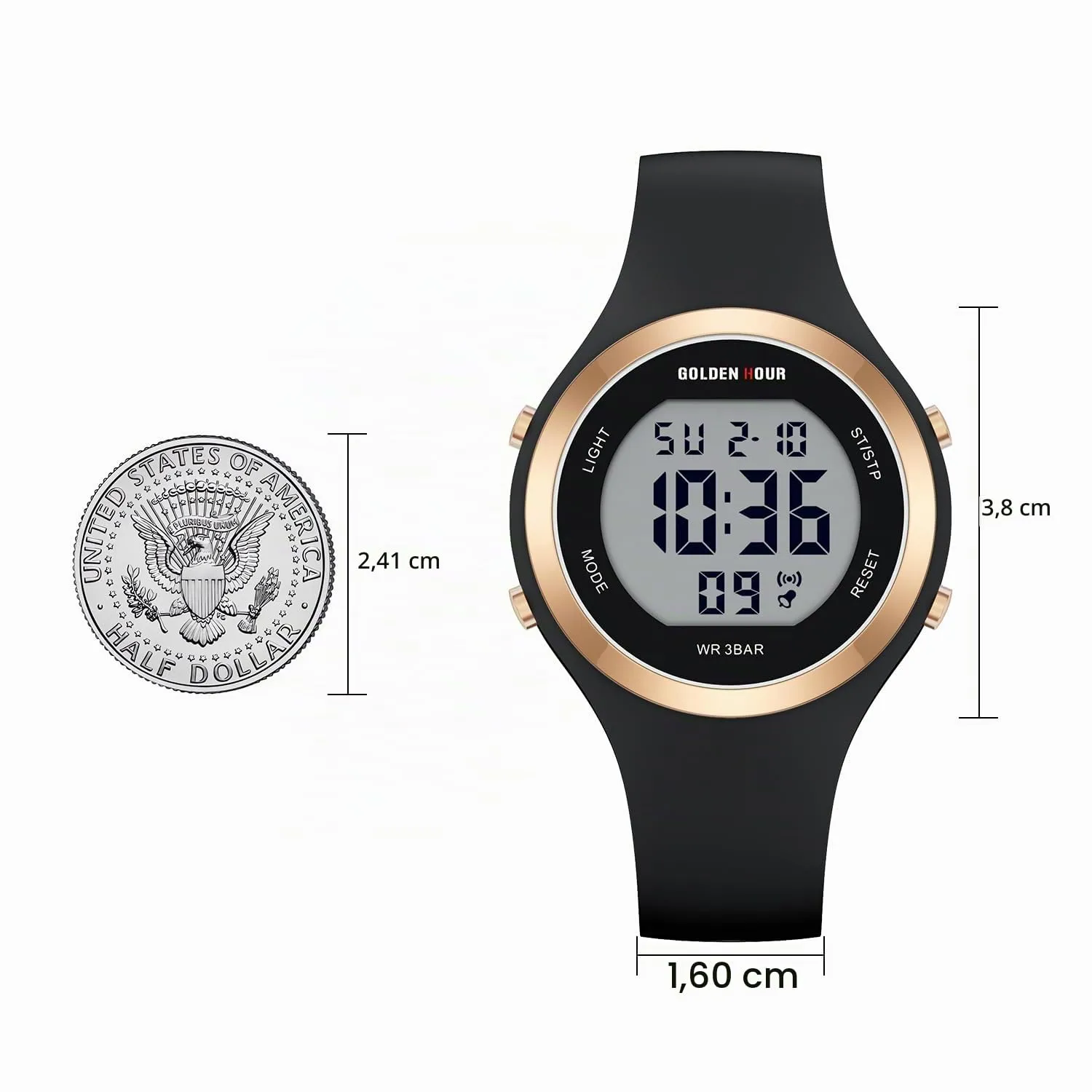 Golden Hour Orologio Digitale Donna GH-1317, Subacqueo 50M, Sportivo con Cronometro e Sveglia, Cinturino in Silicone - immagine 4