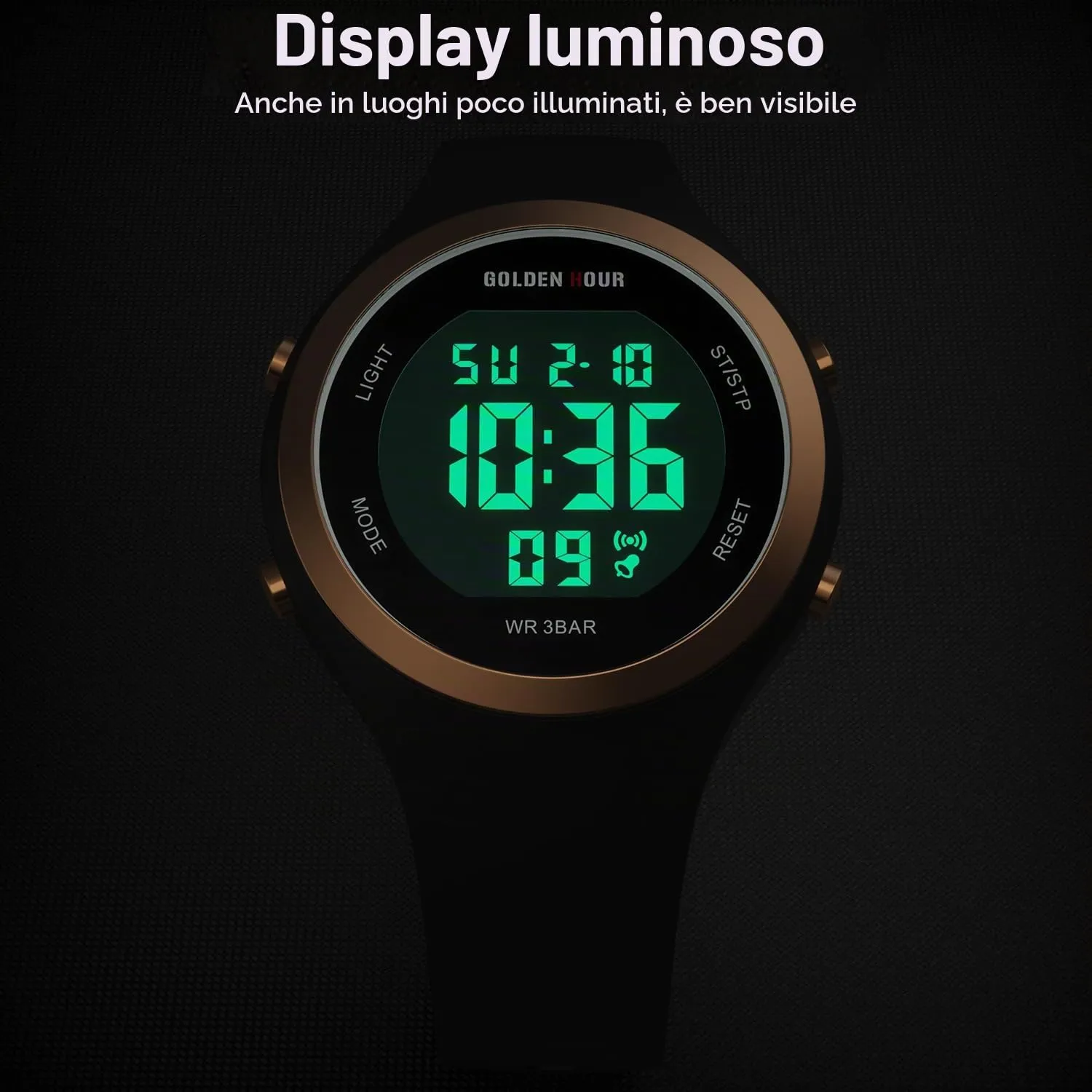 Golden Hour Orologio Digitale Donna GH-1317, Subacqueo 50M, Sportivo con Cronometro e Sveglia, Cinturino in Silicone - immagine 6