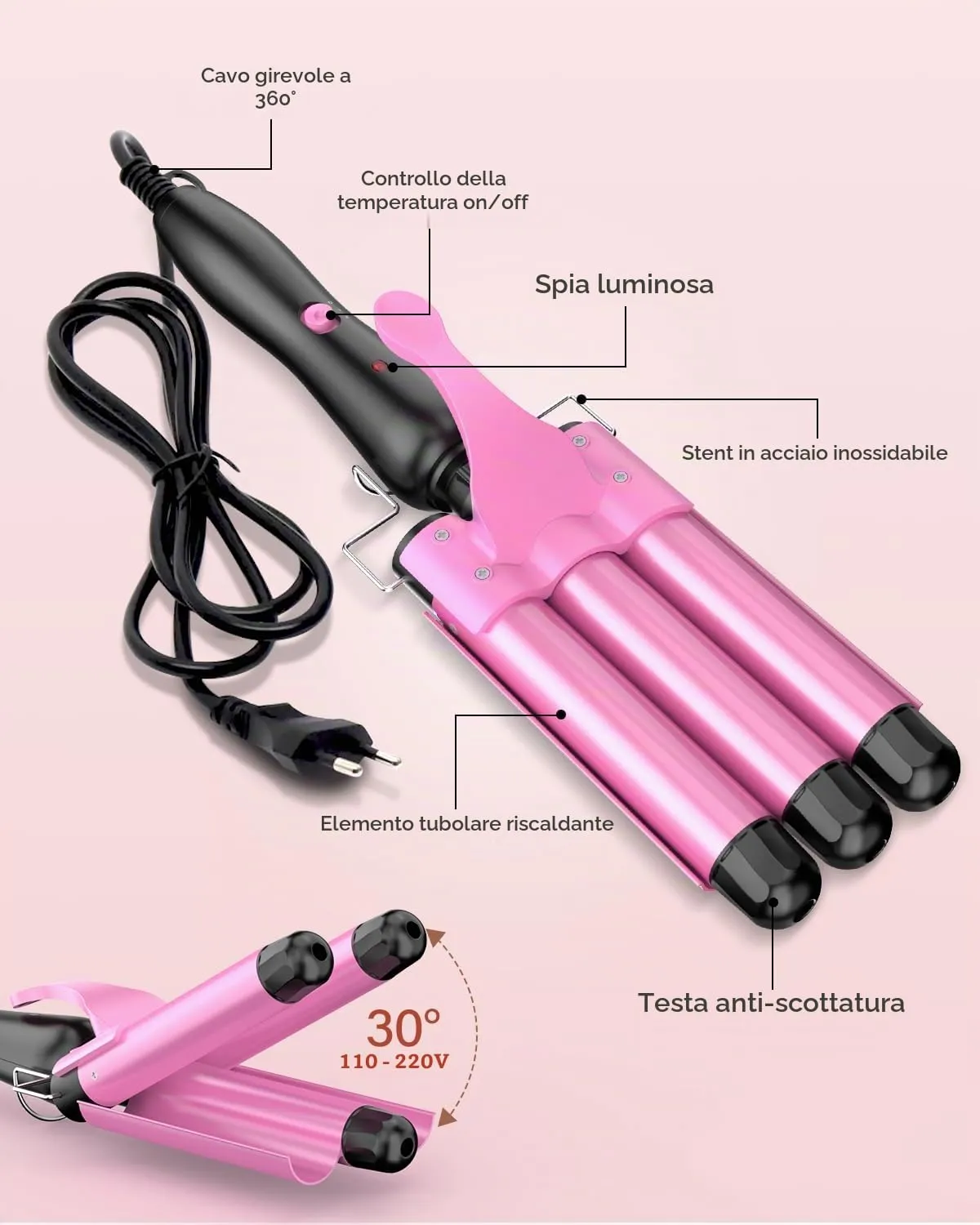 YICAIZI Ferro Arricciacapelli 3 Botti Beach Waves (Rosa) - immagine 5