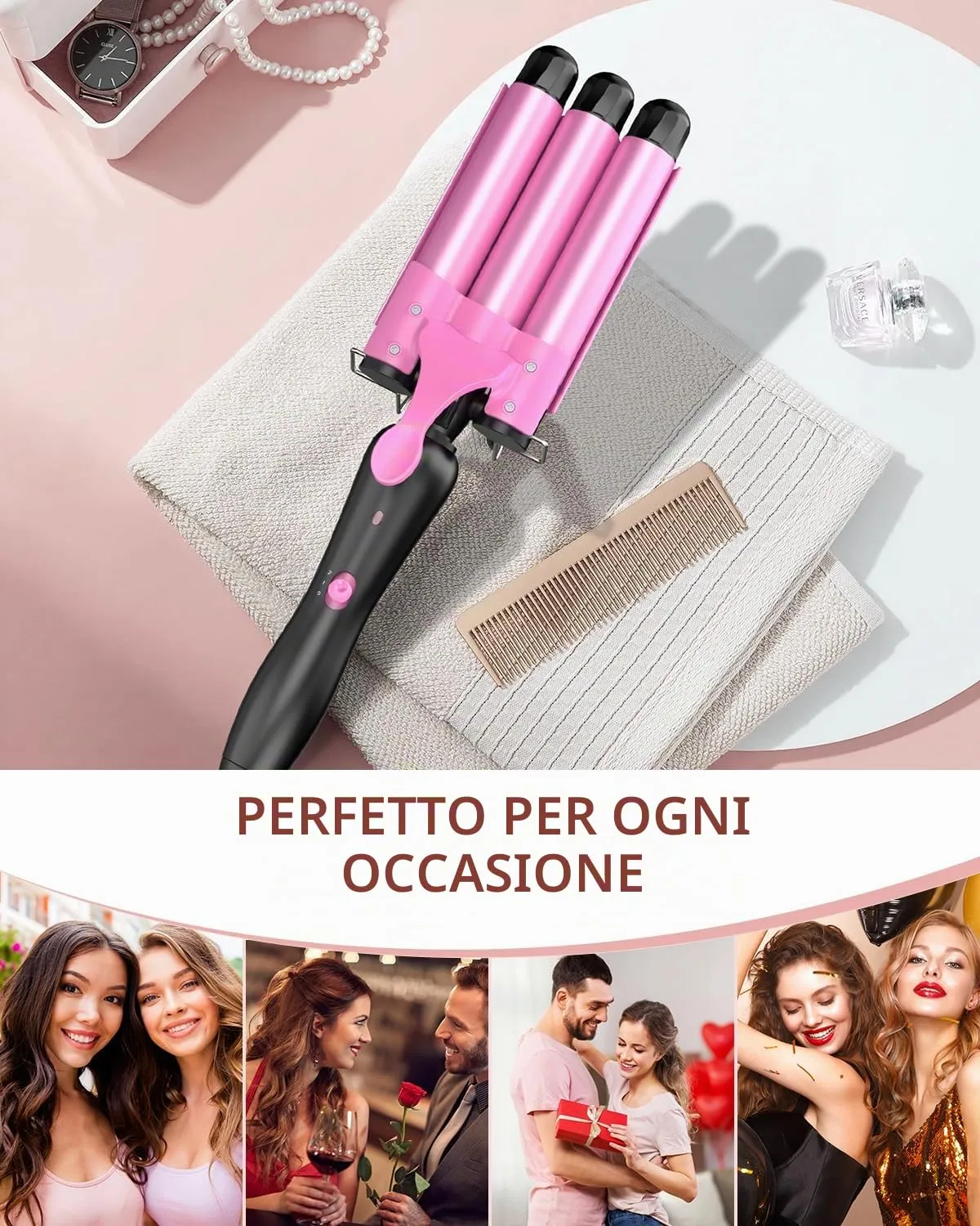 YICAIZI Ferro Arricciacapelli 3 Botti Beach Waves (Rosa) - immagine 8
