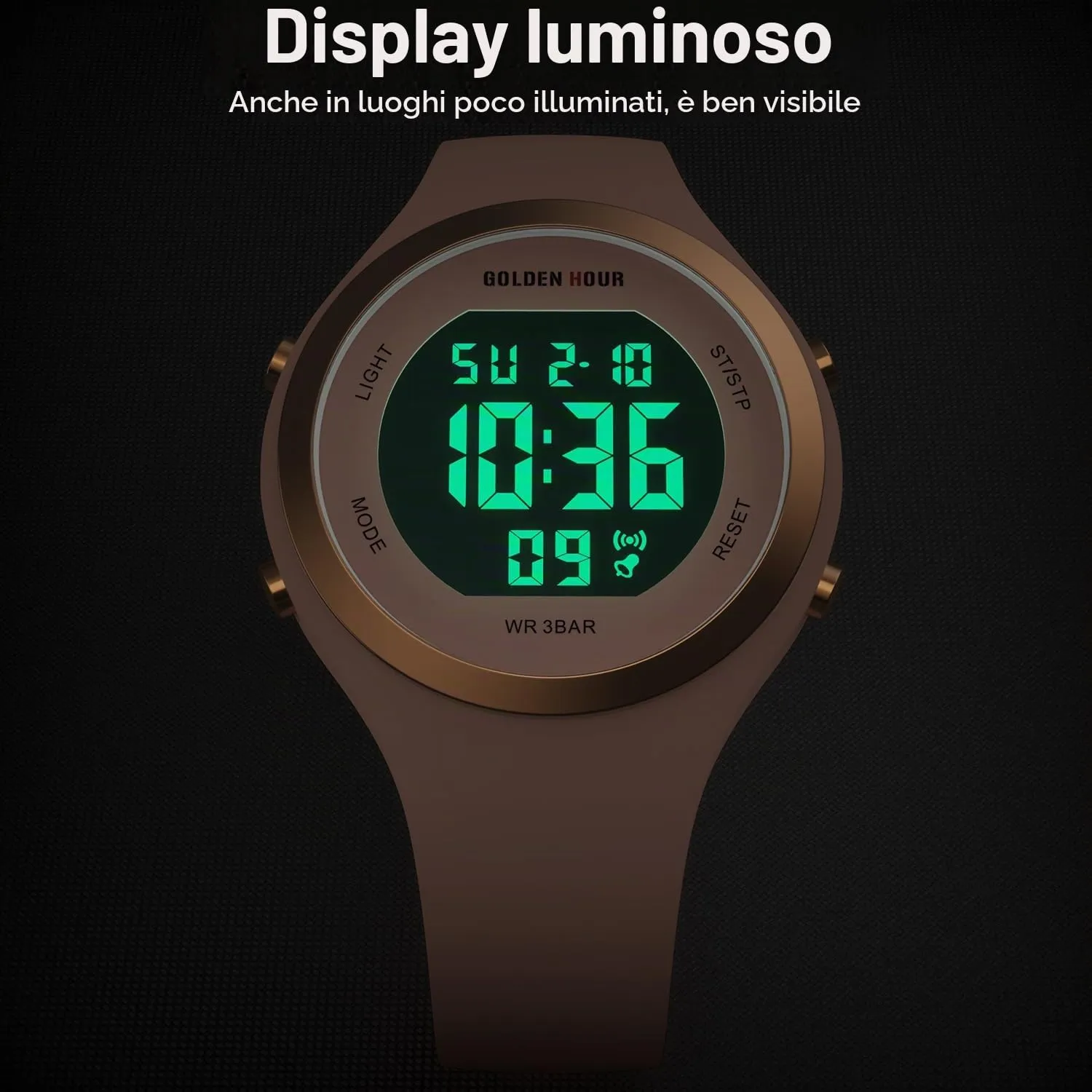 GOLDEN HOUR Orologio Digitale Donna GH-1317 Subacqueo 50M Sportivo con Cronometro e Sveglia, Cinturino in Silicone - immagine 6