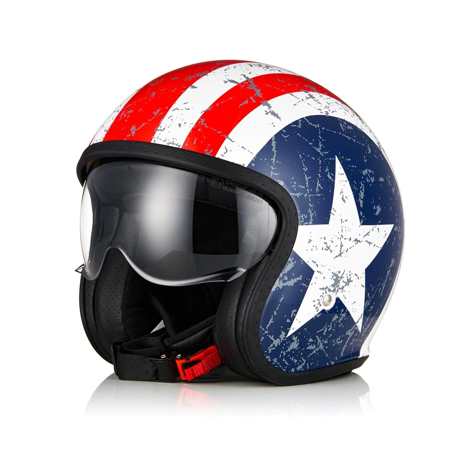 ORIGINE Casco Moto Jet Scooter con Visiera ECE 22-06 Rebel Star Matt Blue Red, S - immagine 1