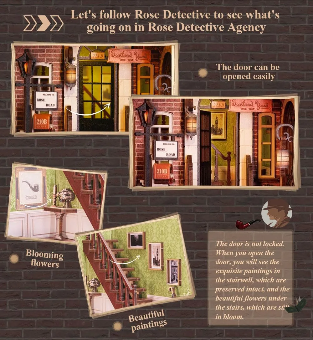 CUTEBEE Rose Detective Agency Book Nook Kit, 3D Wooden Puzzle Miniature Dollhouse, BE-SD02 - immagine 6