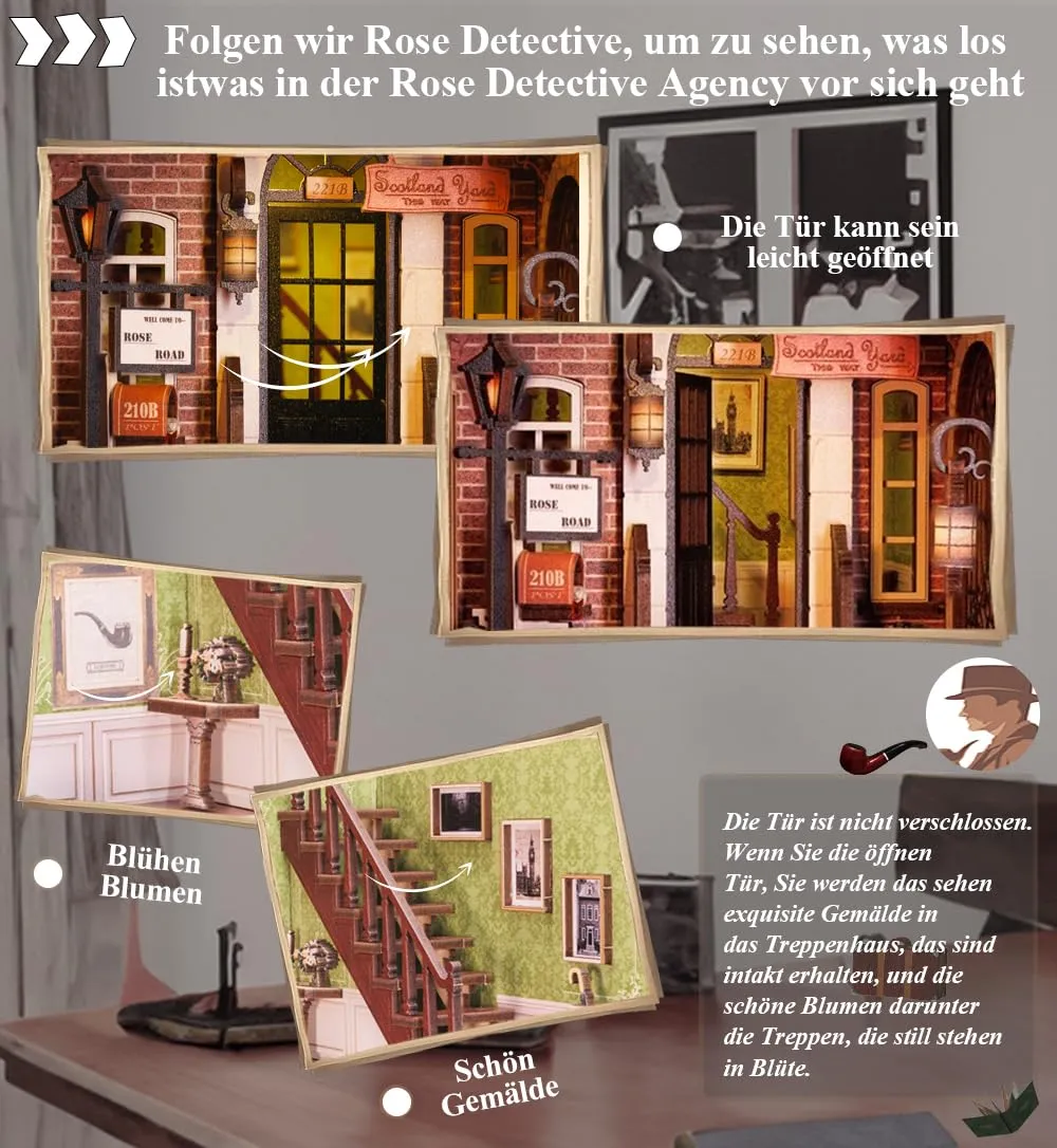CUTEBEE Rose Detective Agency Book Nook Kit, 3D Wooden Puzzle Miniature Dollhouse, BE-SD02 - immagine 7