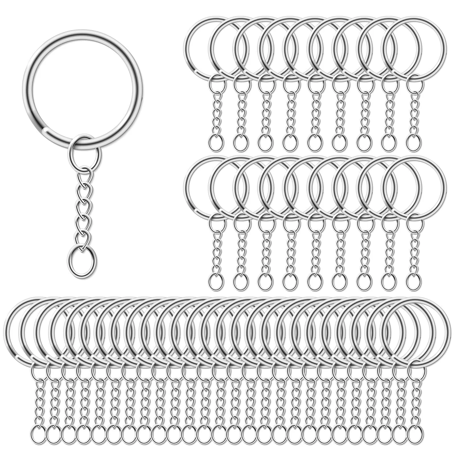 AiQInu Anelli Portachiavi con Catena 25mm, 100 Pezzi - Argento - immagine 1
