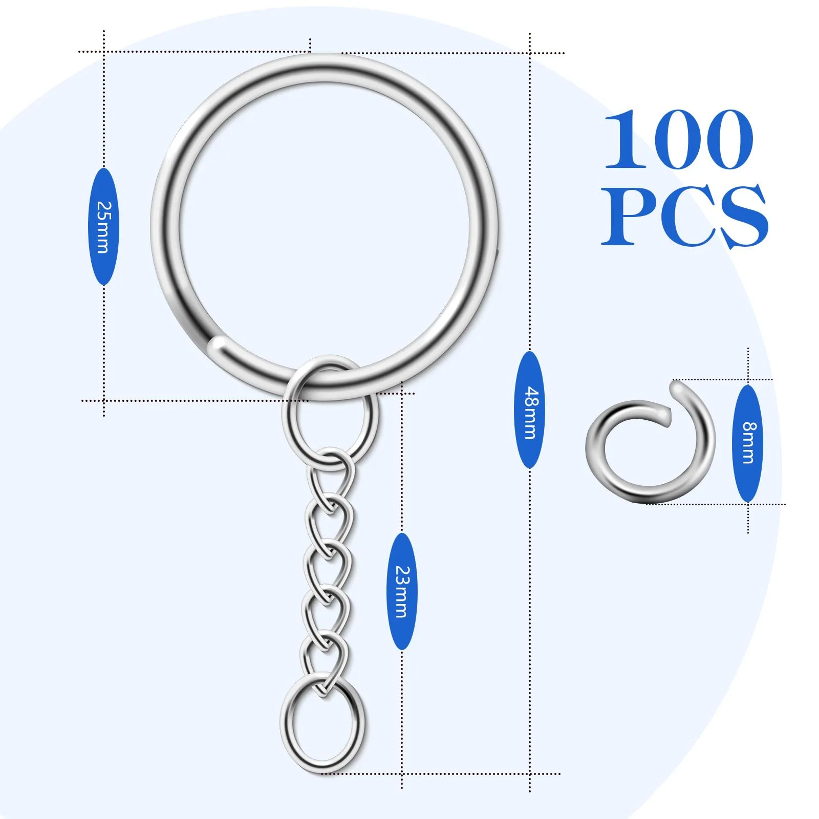 AiQInu Anelli Portachiavi con Catena 25mm, 100 Pezzi - Argento - immagine 3