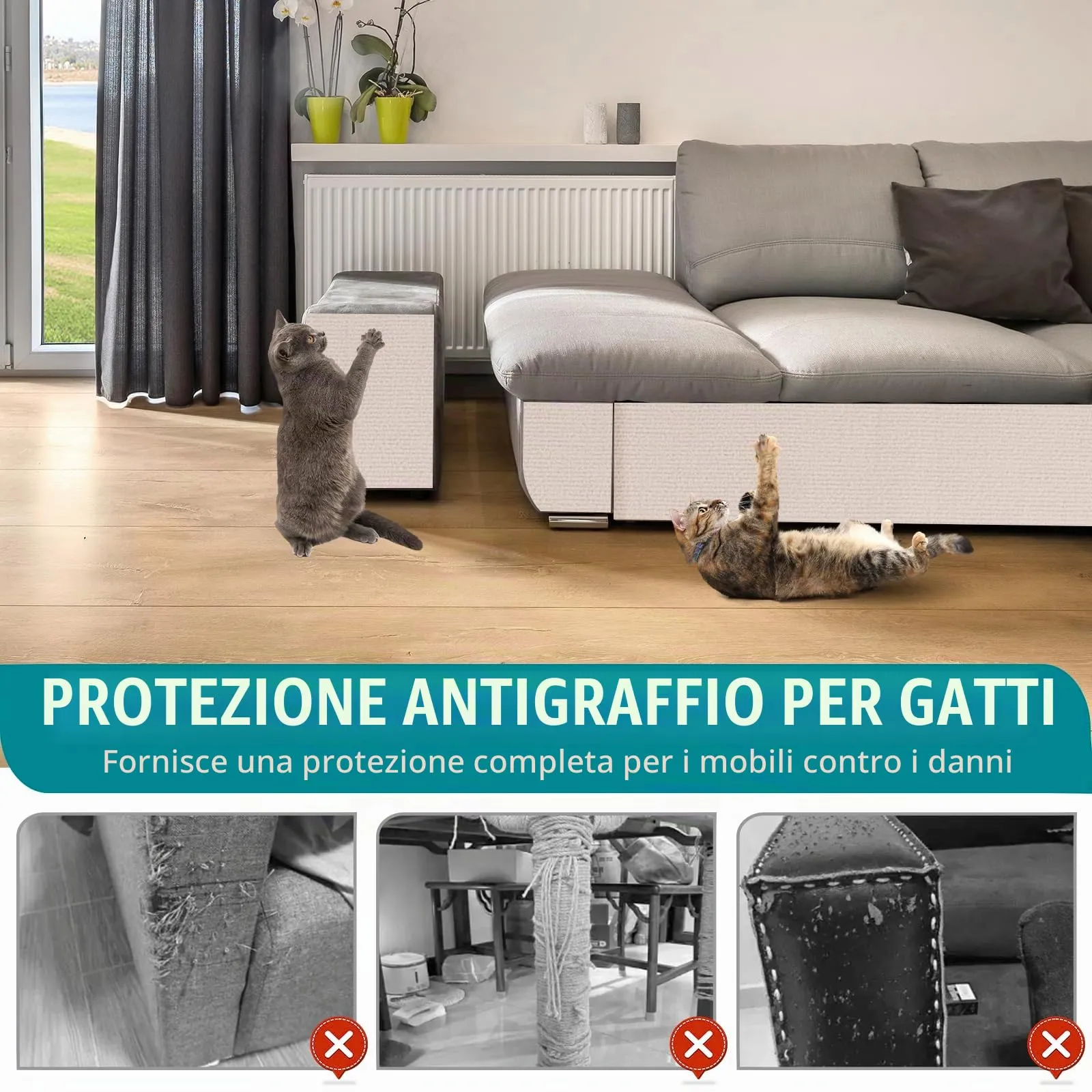 LSGCQ Tappeto Tiragraffi Adesivo per Gatti Protezione Divano, Beige, 40×400cm - immagine 6