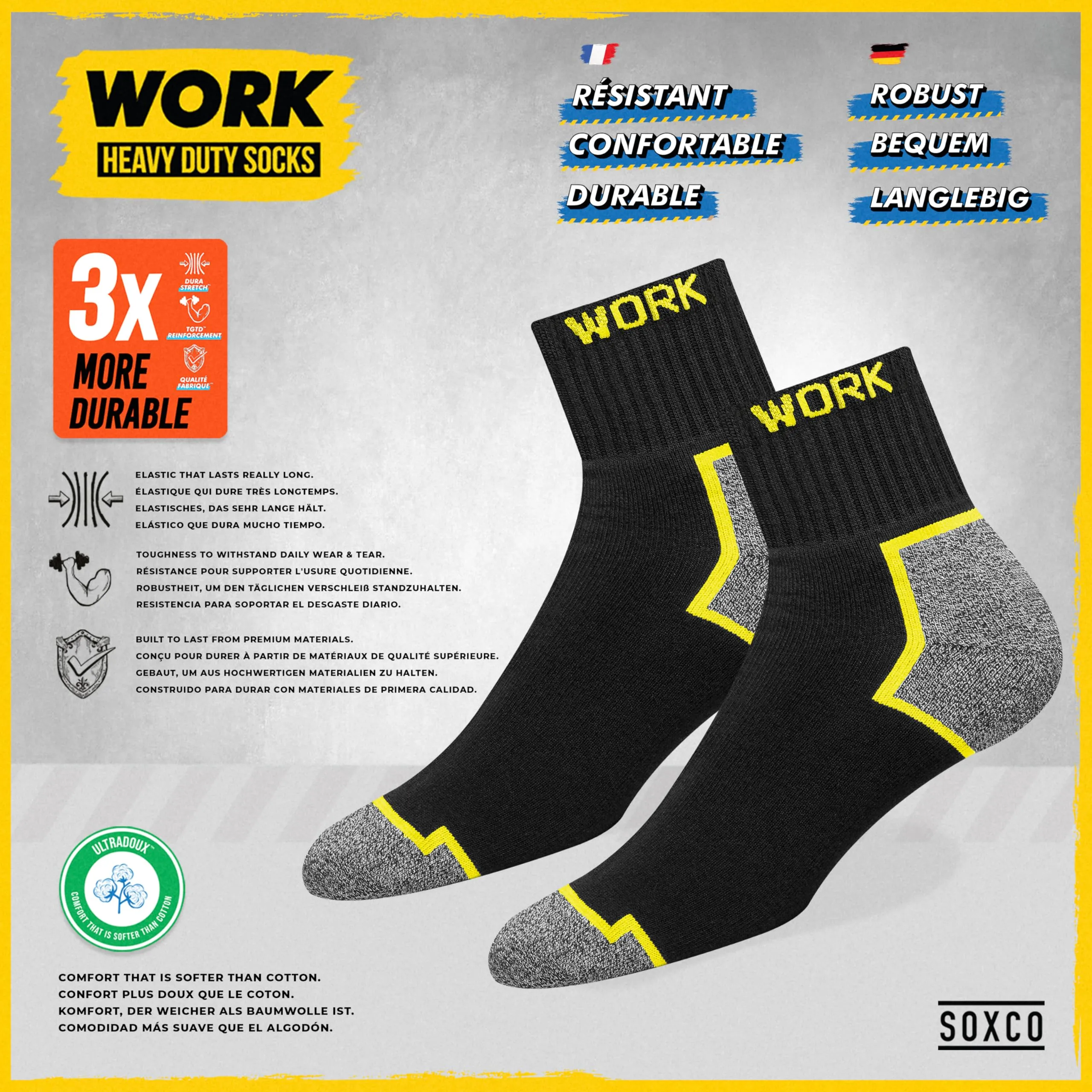 SOXCO Calze da Lavoro Uomo Rinforzate Quarto Lunghe, 10 Paia, 47-50 - immagine 4