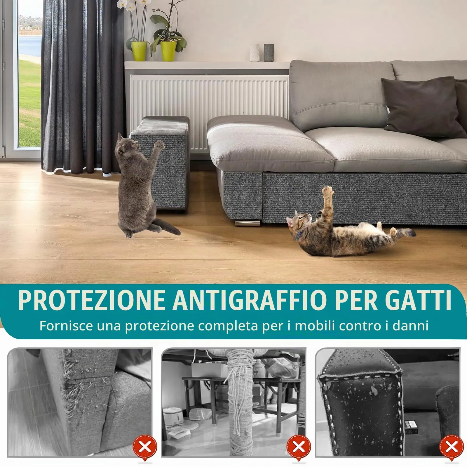 LSGCQ Tappeto Tiragraffi Adesivo per Gatti Protezione Divano, Grigio Scuro, 40x400cm - immagine 6