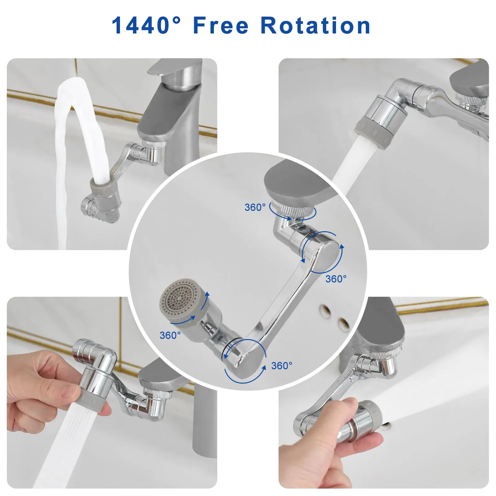 HTBAKOI Rubinetto Allungabile con Rotazione 1440°, Estensione Universale per Lavandino Bagno e Cucina, 2 Pezzi - immagine 3