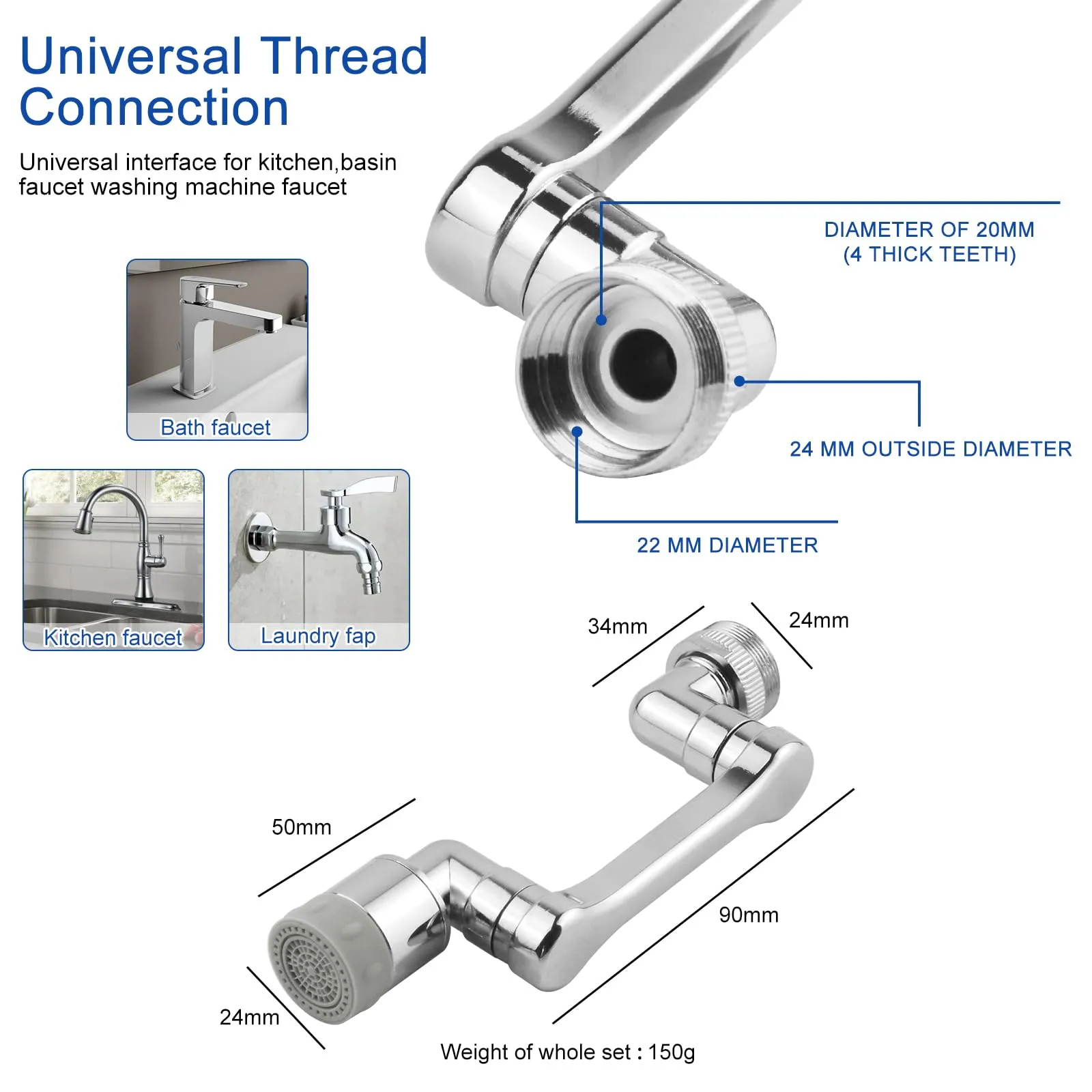 HTBAKOI Rubinetto Allungabile con Rotazione 1440°, Estensione Universale per Lavandino Bagno e Cucina, 2 Pezzi - immagine 4