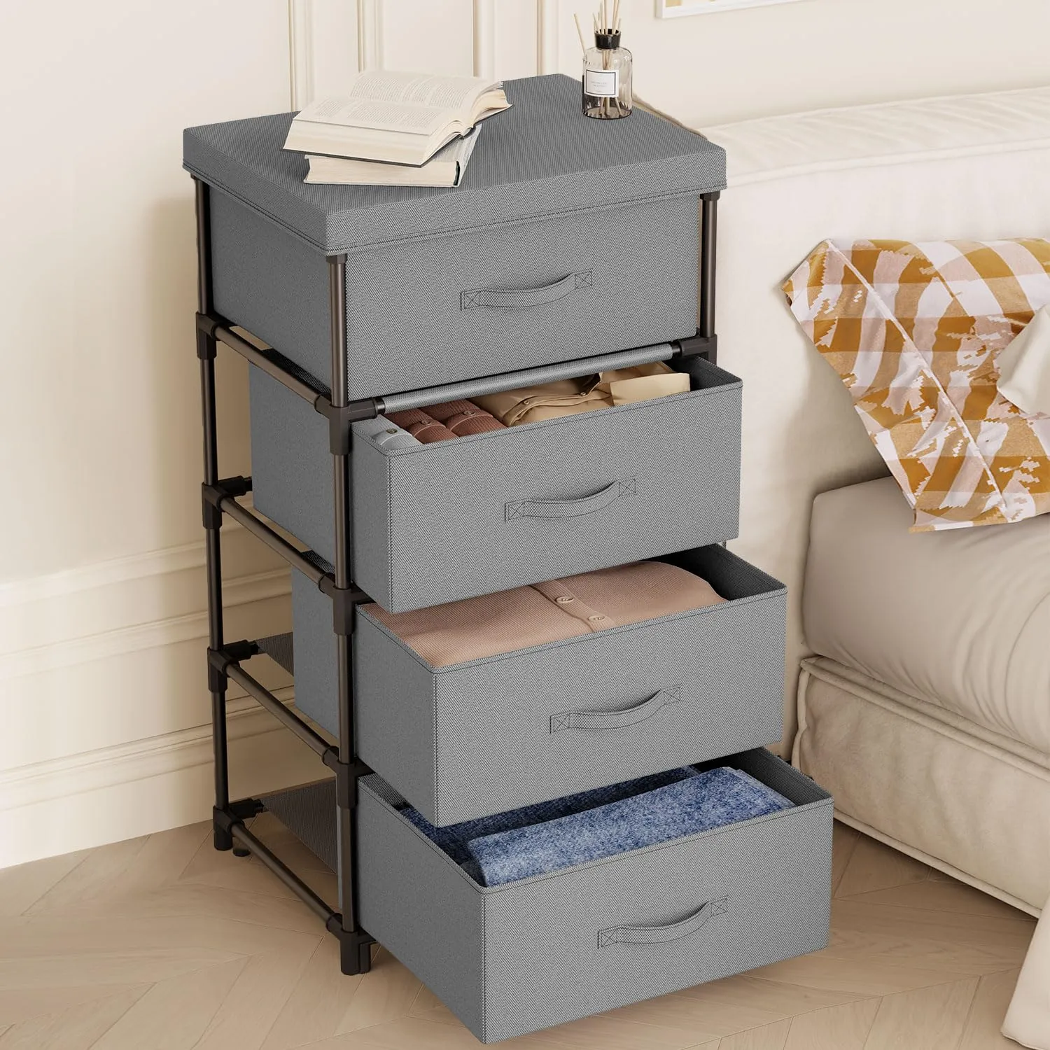 WANGIRL Cassettiera in Tessuto con Struttura in Metallo, 4 Cassetti - Grigio - immagine 2