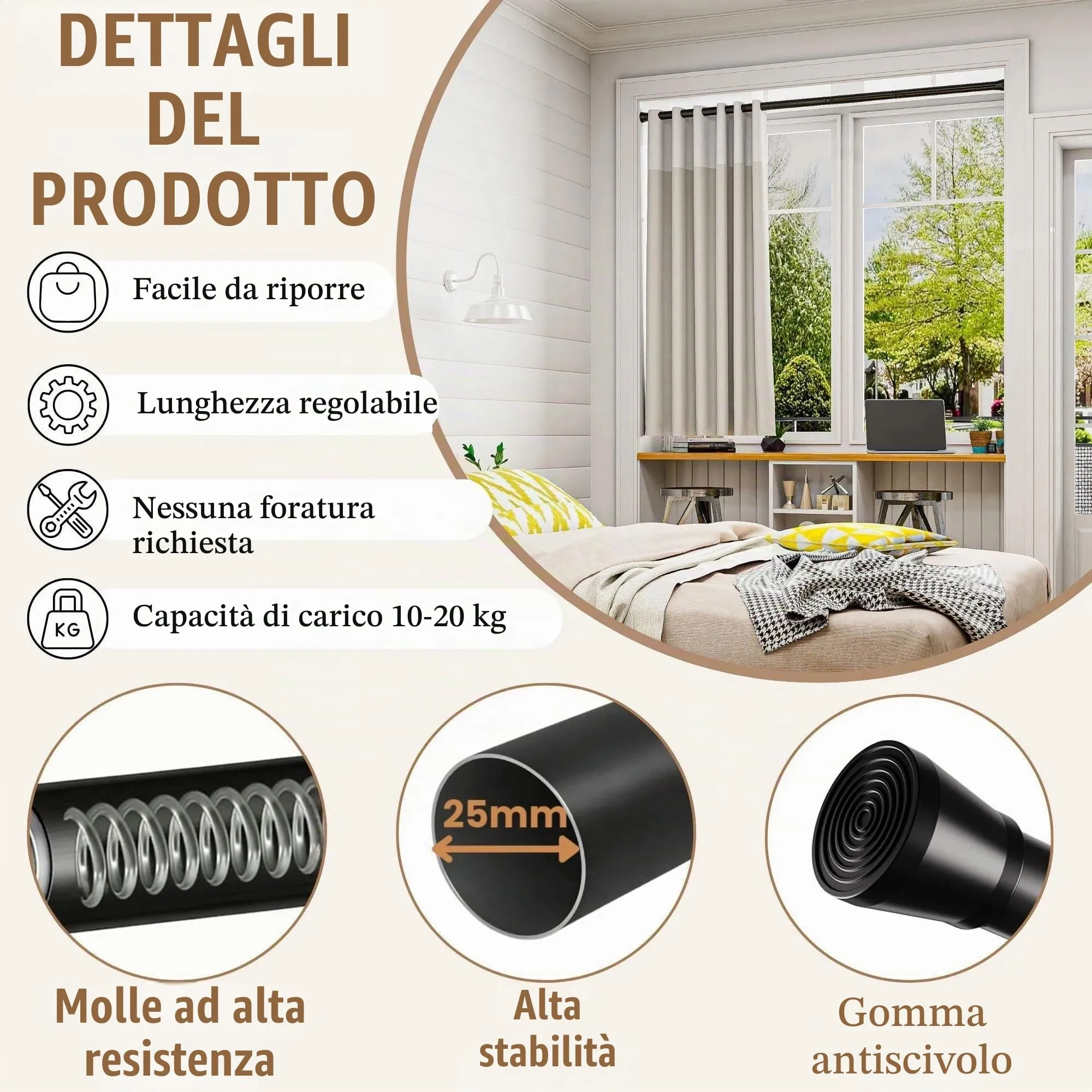 Rod&Trikin Asta di Tensione per Tende, Bastone a Pressione Estensibile per Finestre e Doccia, Nero, 83-190cm - immagine 3
