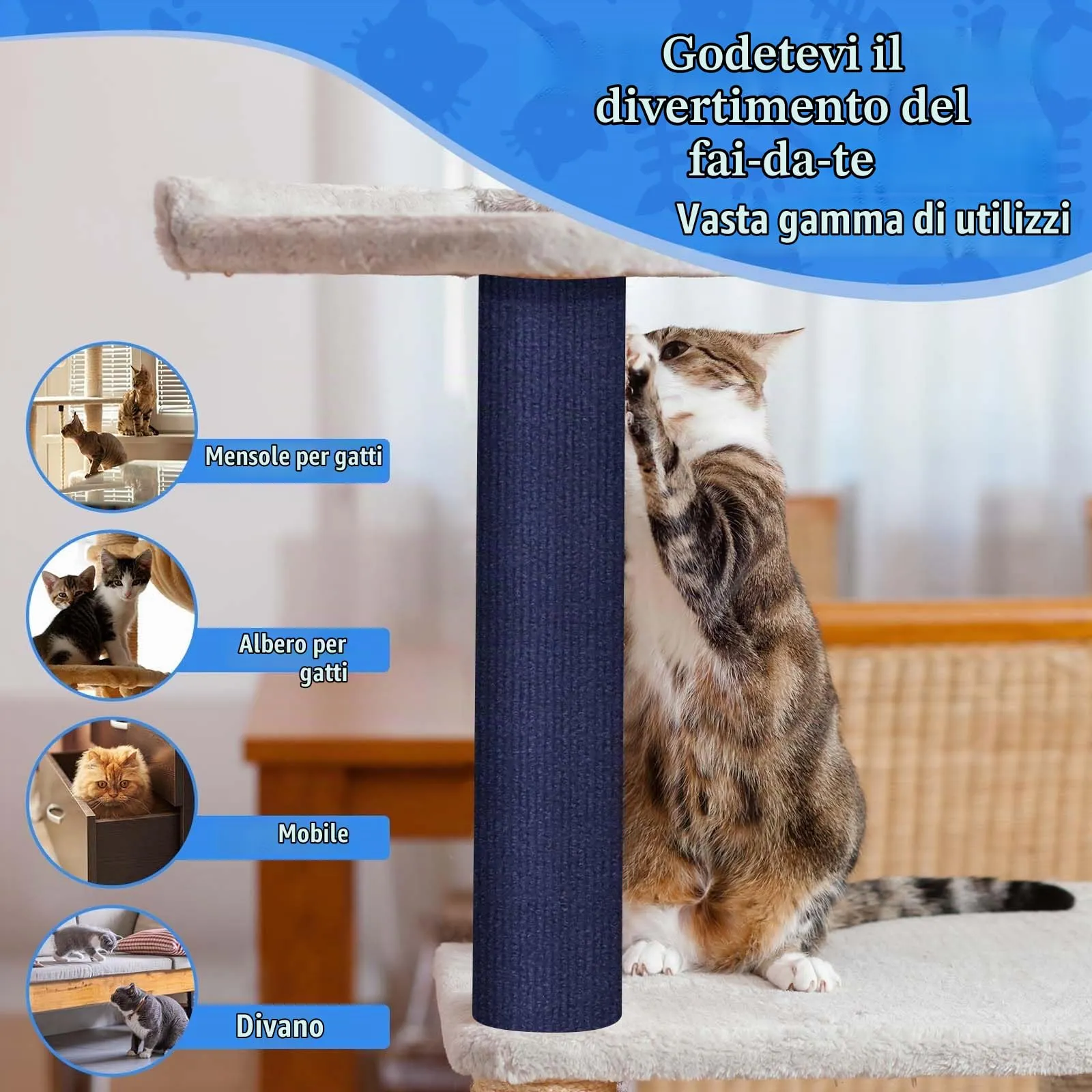 LSGCQ Tappeto Tiragraffi Adesivo per Gatti Protezione Divano, Blu Scuro, 40×200cm - immagine 4