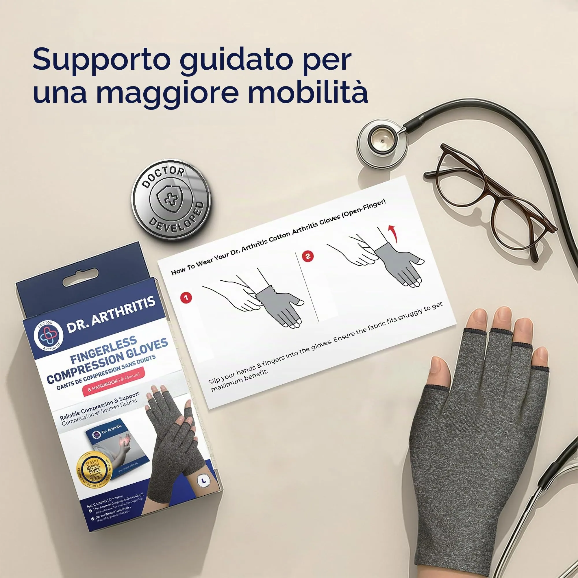 Dr. Arthritis Guanti a Compressione per Artrosi e Tunnel Carpale, in Cotone, Senza Dita, Nero, Taglia S (1 Paio) - immagine 7