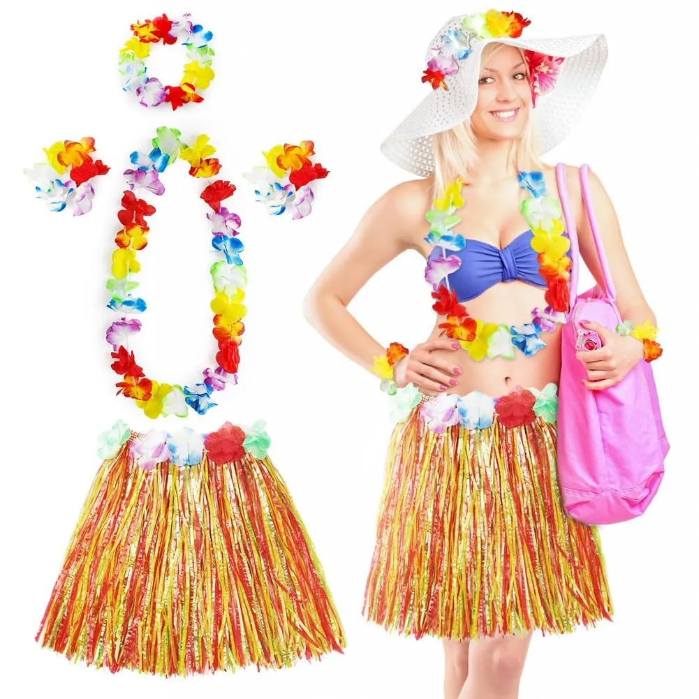 Aomig Set Costume Hawaiano 5 Pezzi, Gonna Hula, Ghirlanda, Fascia e Braccialetti di Fiori, 40 cm, Colorato - immagine 1