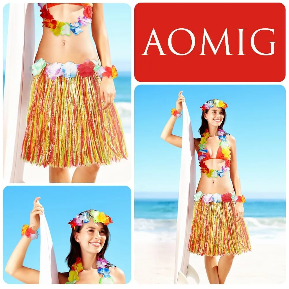 Aomig Set Costume Hawaiano 5 Pezzi, Gonna Hula, Ghirlanda, Fascia e Braccialetti di Fiori, 40 cm, Colorato - immagine 2