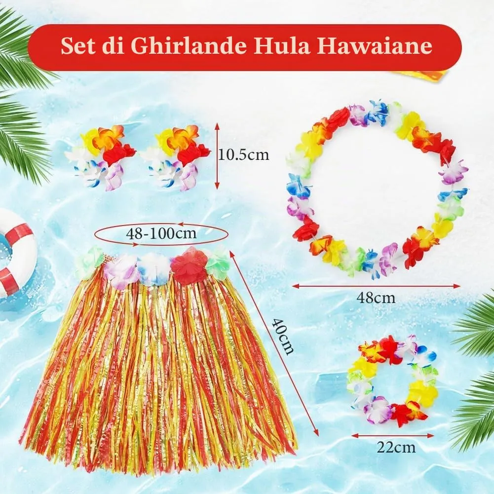 Aomig Set Costume Hawaiano 5 Pezzi, Gonna Hula, Ghirlanda, Fascia e Braccialetti di Fiori, 40 cm, Colorato - immagine 3
