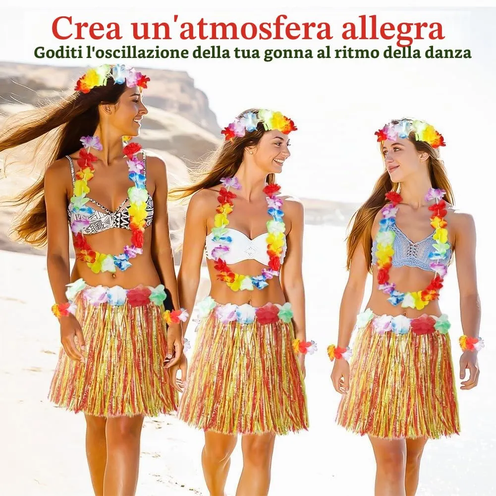 Aomig Set Costume Hawaiano 5 Pezzi, Gonna Hula, Ghirlanda, Fascia e Braccialetti di Fiori, 40 cm, Colorato - immagine 4