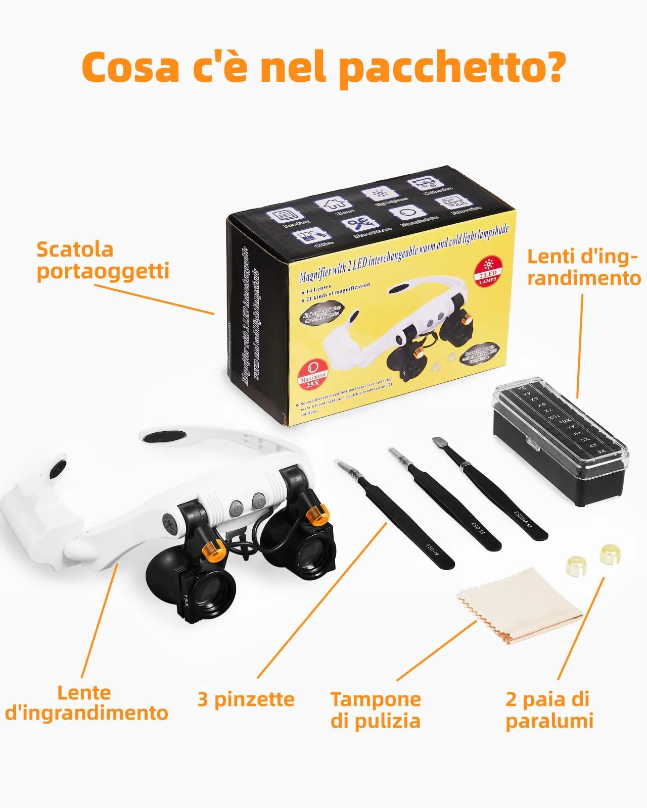 Anpro Occhiali Ingrandimento Professionali con Luce LED, 3X-25X (14 Lenti) con 3 Pinzette ESD - immagine 8