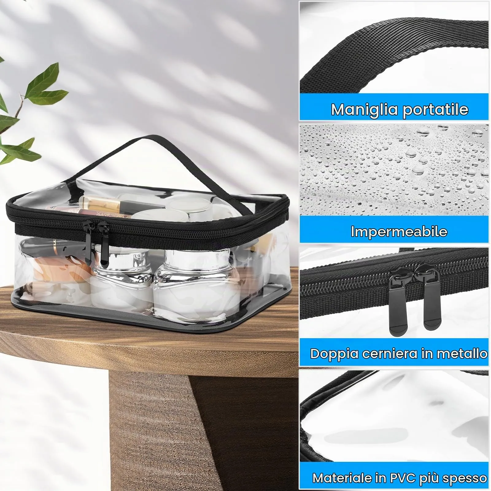 Aucuu Beauty Case Trasparente in PVC, Set da 2 Pezzi Impermeabile per Cosmetici, Viaggio e Aereo - immagine 3