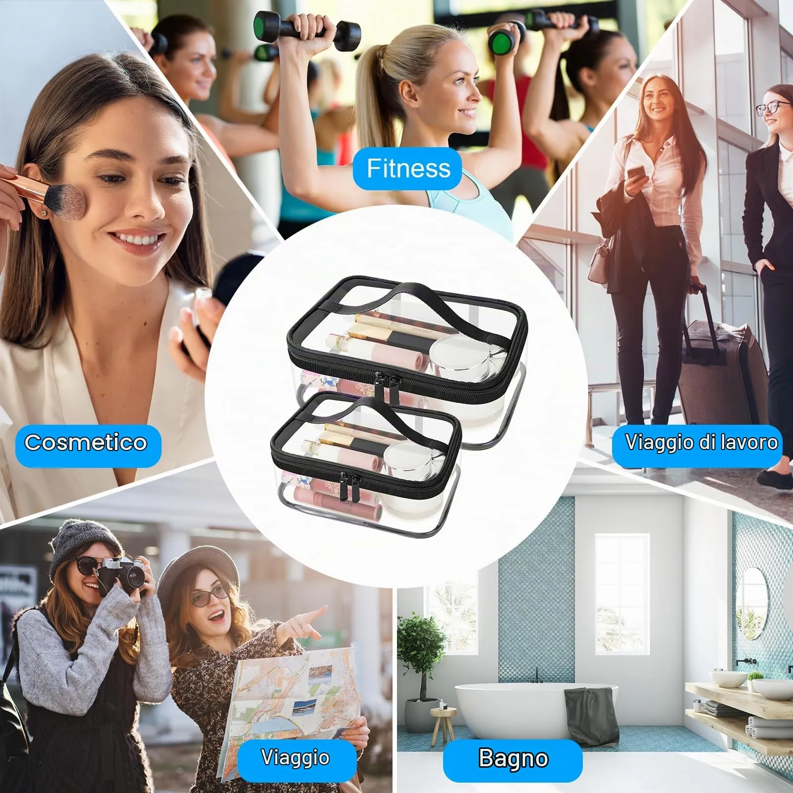 Aucuu Beauty Case Trasparente in PVC, Set da 2 Pezzi Impermeabile per Cosmetici, Viaggio e Aereo - immagine 6