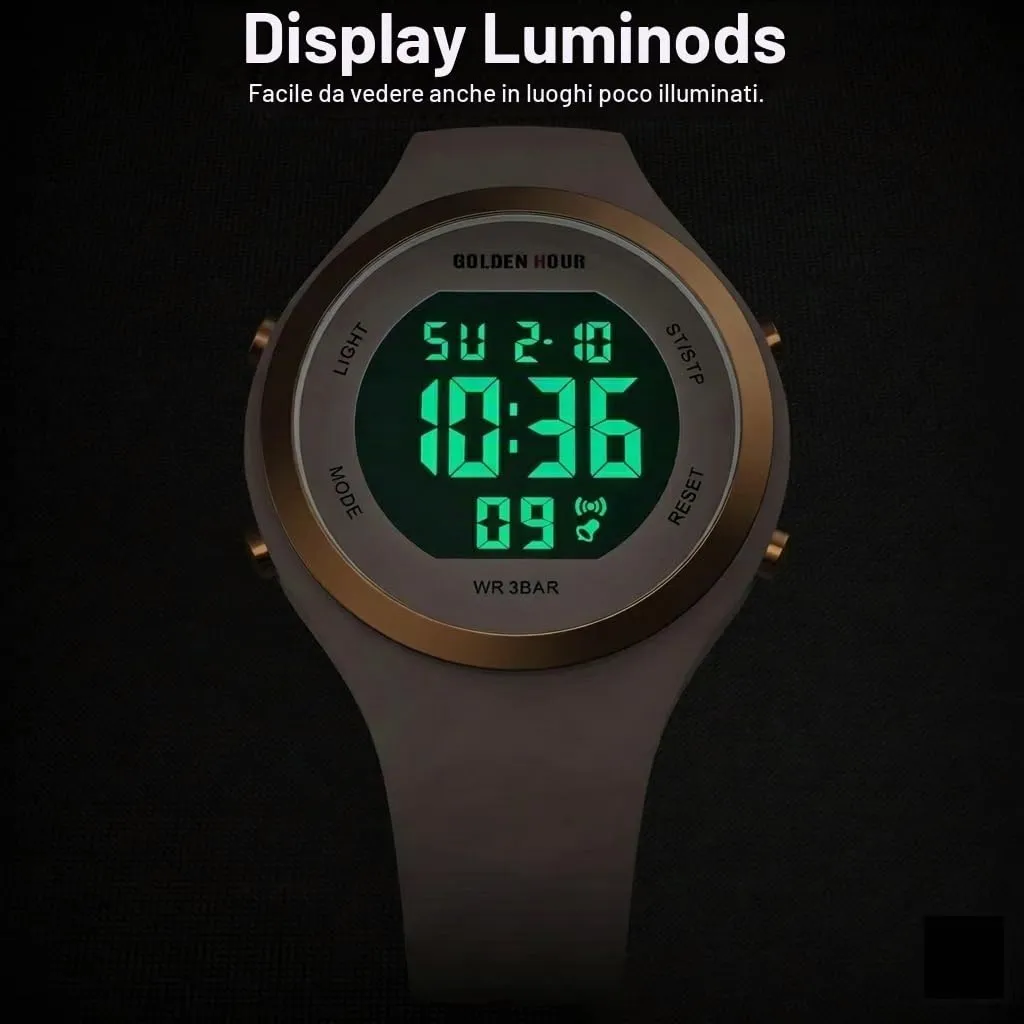 Golden Hour Orologio Digitale Donna Subacqueo 50M Sportivo con Cronometro e Sveglia, Cinturino in Silicone - immagine 5