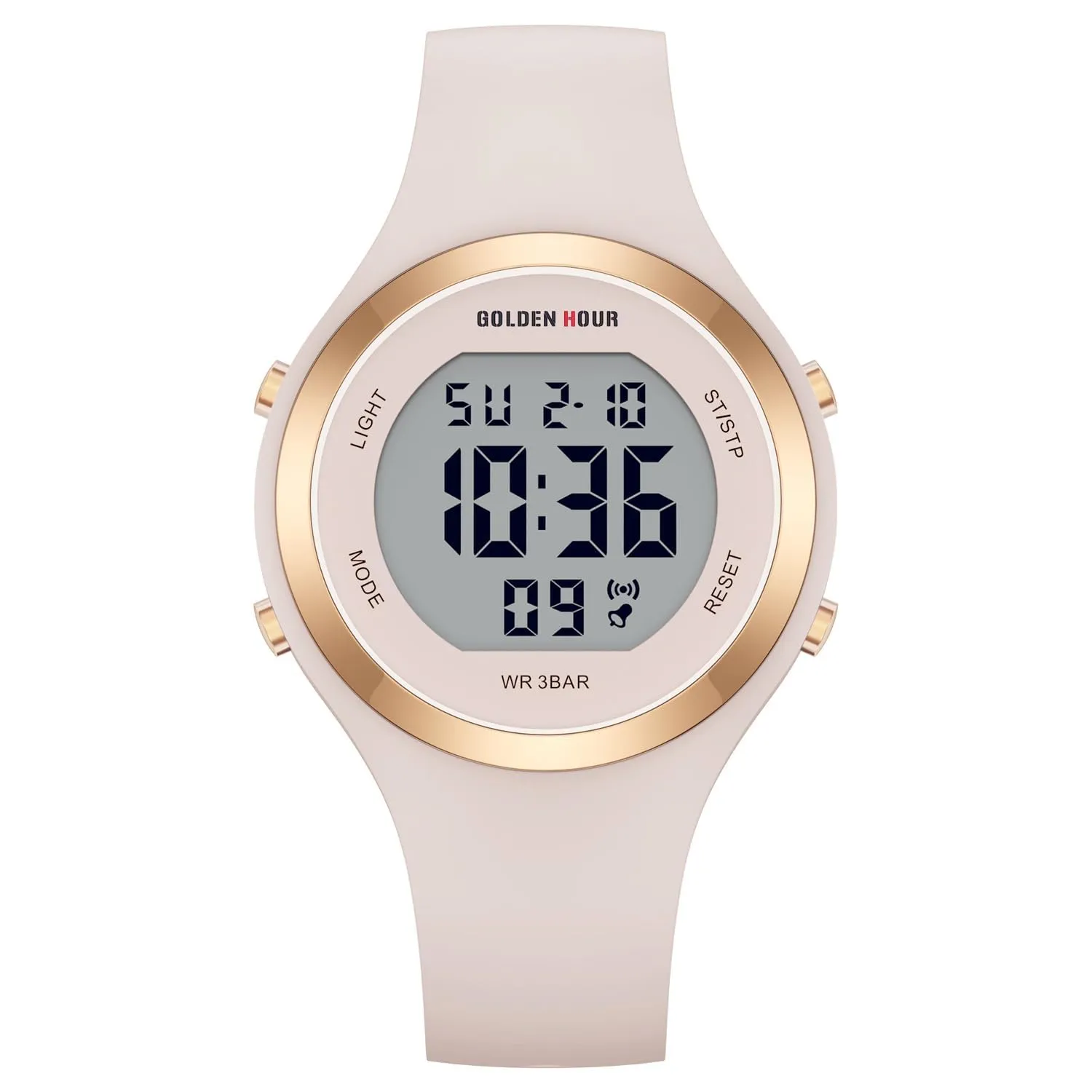 Golden Hour Orologio Digitale Donna Subacqueo 50M Sportivo con Cronometro e Sveglia, Cinturino in Silicone - immagine 8