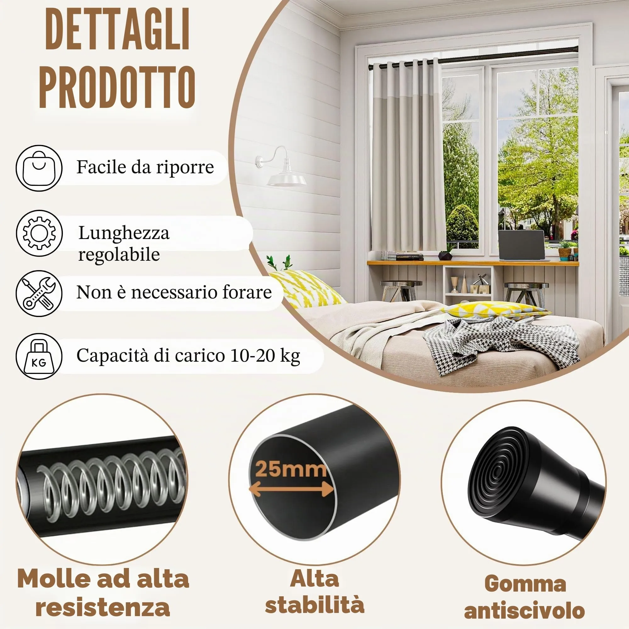 Rod&Trikin Bastone a Pressione per Tenda Estensibile in Acciaio Inossidabile, Nero, 65-85cm - immagine 3