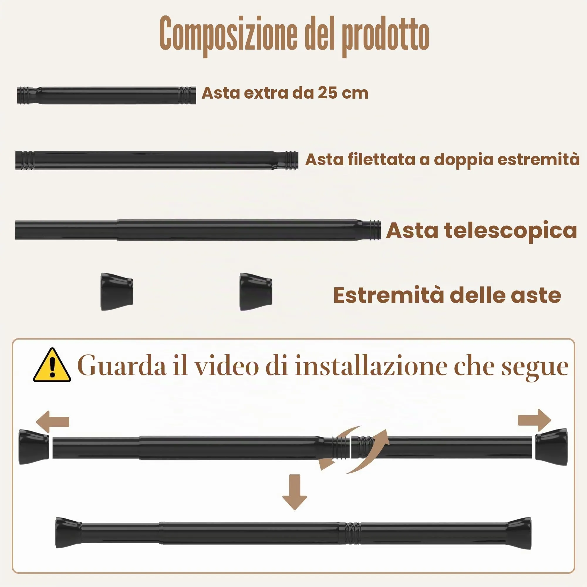 Rod&Trikin Bastone a Pressione per Tenda Estensibile in Acciaio Inossidabile, Nero, 65-85cm - immagine 6