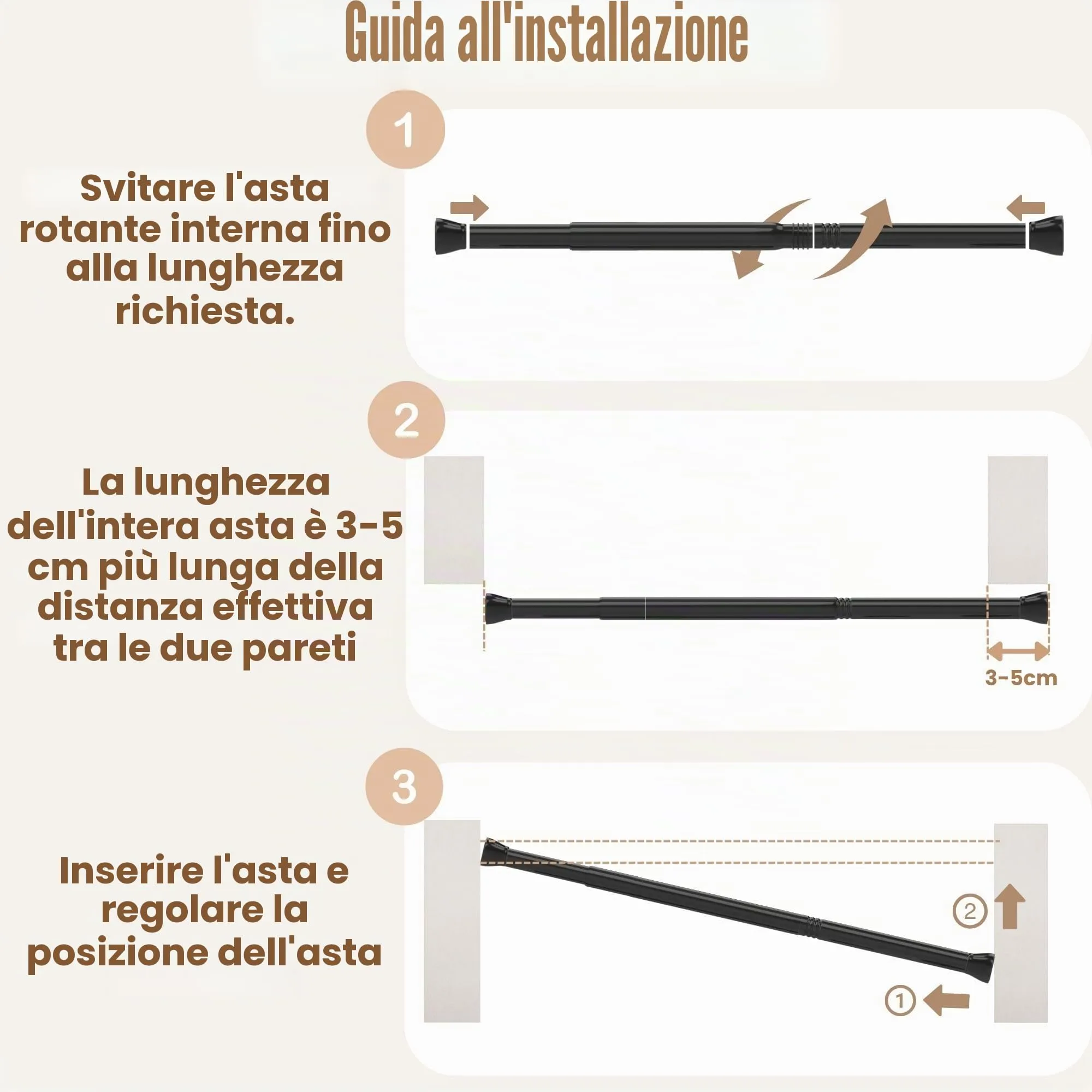 Rod&Trikin Bastone a Pressione per Tenda Estensibile in Acciaio Inossidabile, Nero, 65-85cm - immagine 7